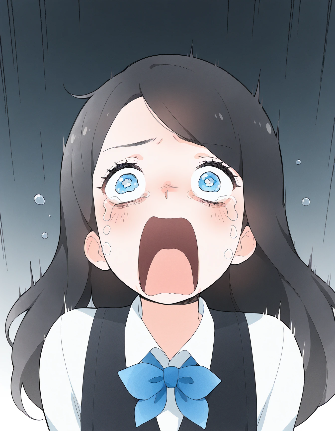 masterpiece, best quality, amazing quality, very aesthetic, high resolution, solo
Polina_Morozova, school uniform, black long hair, blue eyes, white shirt, black vest, blue bow on the neck, aquascreaming, screaming, open mouth, crying with eyes open<lora:meme_aquascreaming_illustriousXL:1>
<lora:Polina_Morozova_illustriousXL:0.9>