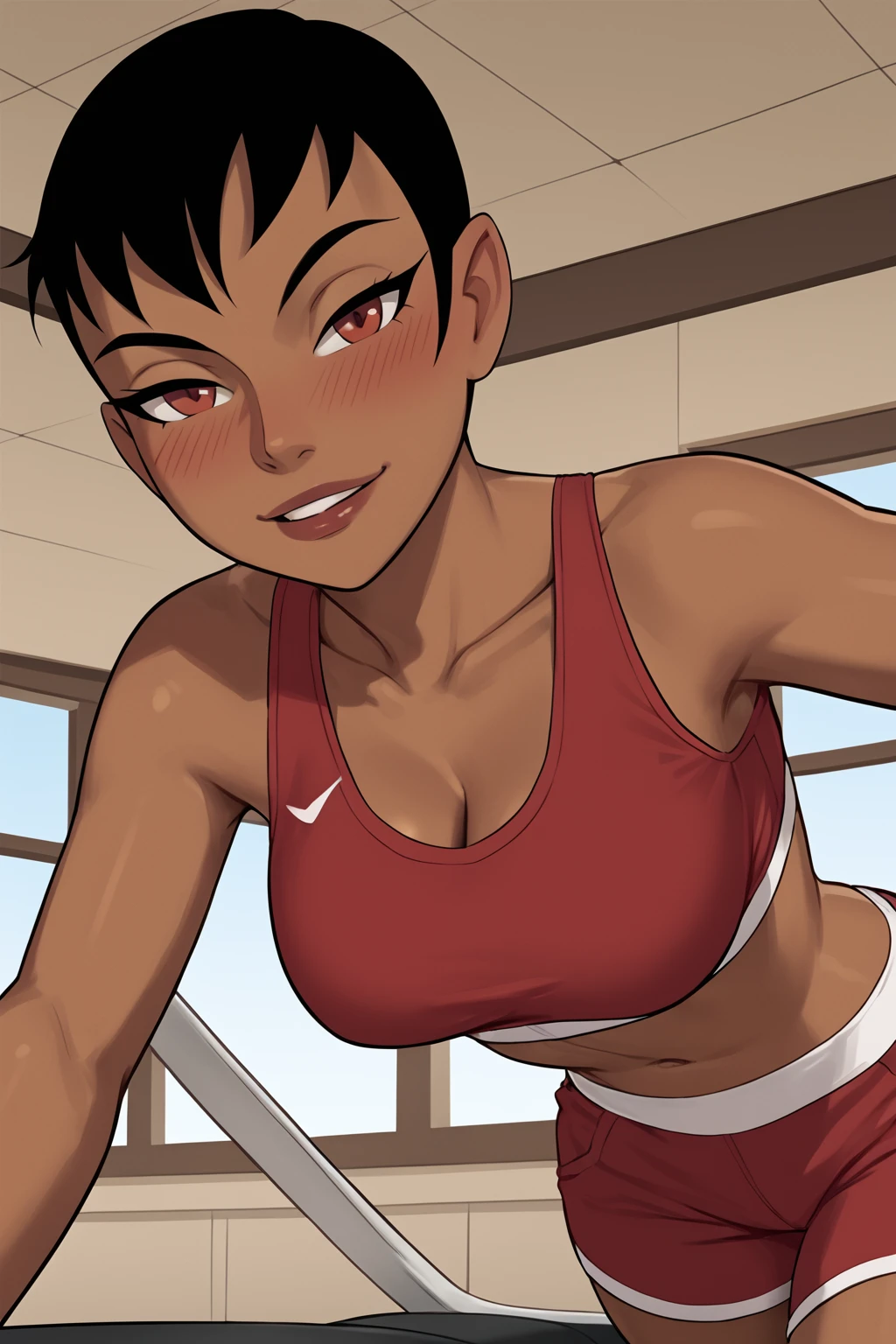 PonyXLV6_Scores BREAK (((parody)), perfect anatomy, perfect eyes, cowboy shot) <lora:add_details_xl:0.8> BREAK <lora:Vixen_-_DC_Animated_Universe:0.8> mari mccabe, short hair, black hair, dark-skinned female, red eyes, flirting, raised eyebrow, half-closed eyes, blush, ((looking at viewer)), red sports bra, midriff, red shorts, large breasts, curvy, toned, athletic BREAK exercising, running on treadmill, aroused, indoors