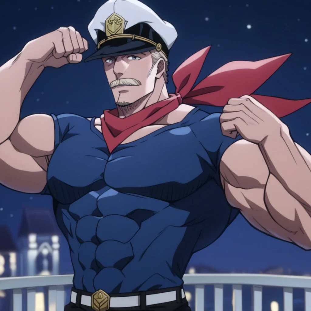 score_9, score_8_up, score_7_up, score_6_up, score_5_up, score_4_up, intricate detail, high quality, masterpiece, captaintennille, muscular, manly, muscular male, upper body, blue shirt, red neckerchief, peaked hat <lora:_Captain_Tennille__Jojos_Bizarre_Adventure-000005:0.65>, night, flexing,âââ <lora:Remert_Style_PonySDXL:0.3>
