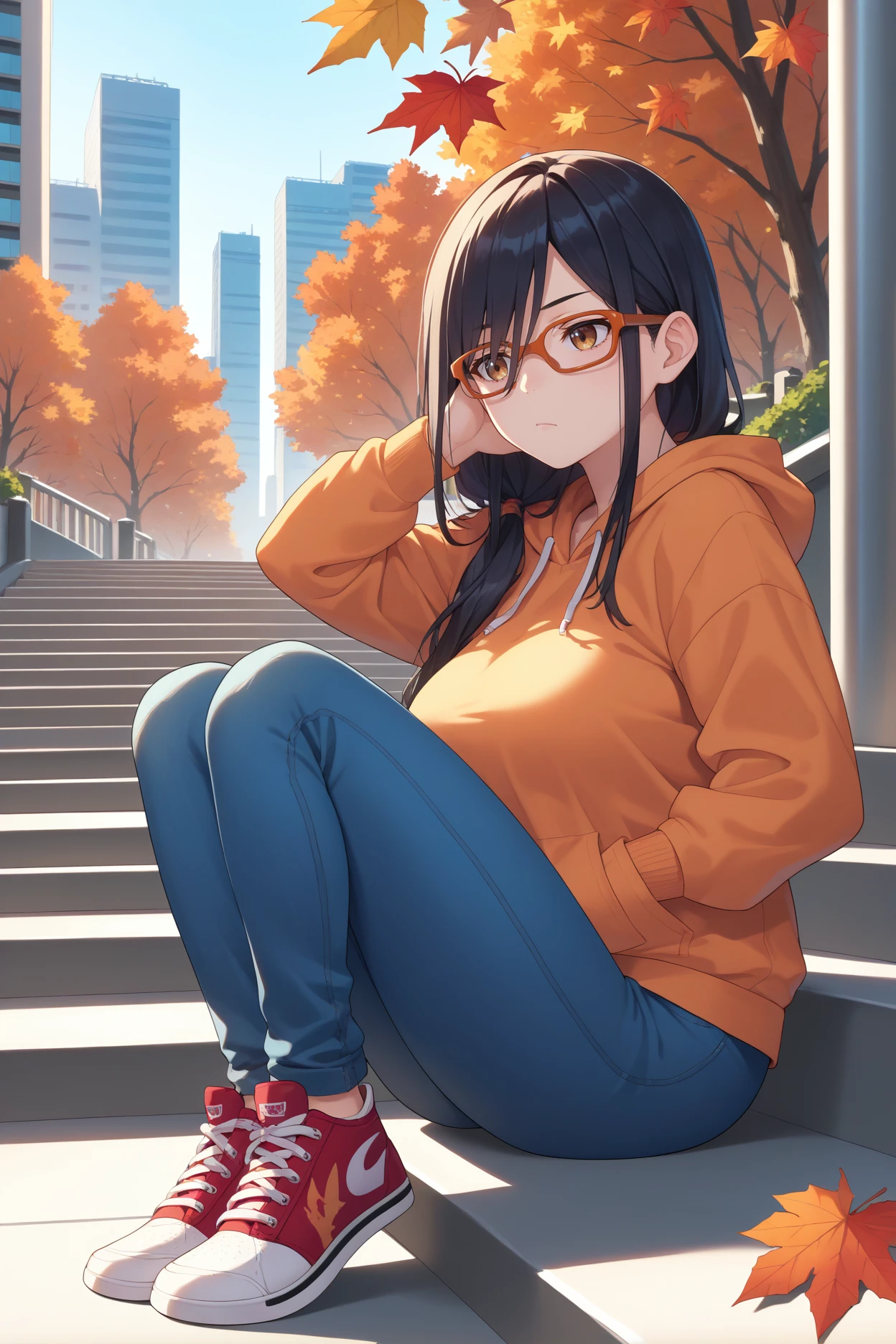score_9, score_8_up, score_7_up, score_6_up, source_anime, 1girl, solo, <lora:kouenjimiko-pdxl-nvwls-v1-000006:1> kouenjim, black hair, hair over shoulder, long hair, glasses, red-framed eyewear, large breasts, orange hoodie, jeans, sitting, hands in pockets, bored, autumn, city, stairs, sneakers