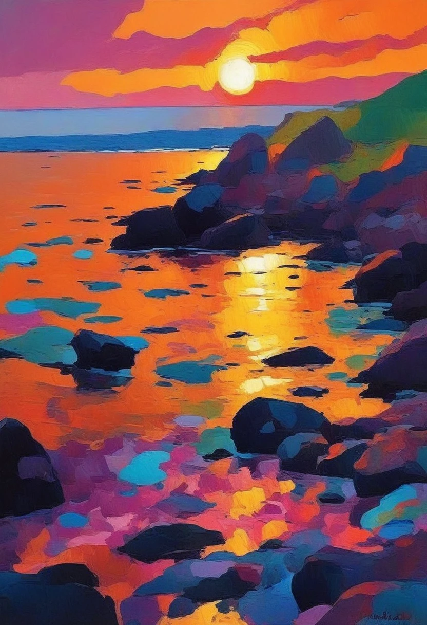 FauvismFacilitator,  Create a seascape at sunset, with waves in radiant turquoise and deep purple, and a fiery sun casting bright orange and pink reflections across the water. The coastline is lined with jagged rocks painted in bold red and yellow, while the sky above shifts dramatically between magenta, green, and warm orange. This image is full of contrast and energy, with unnatural but harmonious colors to evoke the seaâs power and beauty.