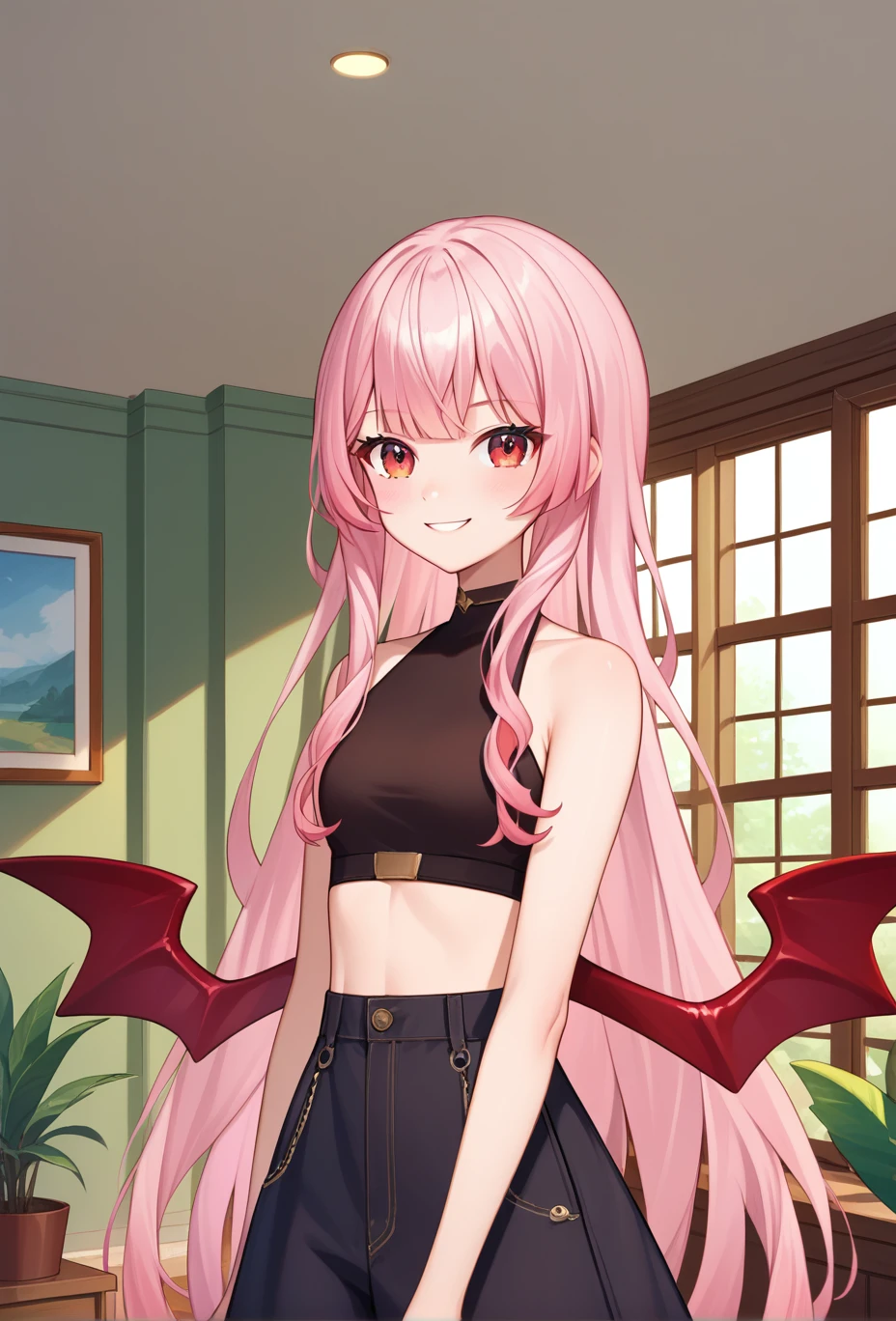 score_9, score_8_up, score_7_up, source_anime, masterpiece, best quality, absurdres, rosemi lovelock, 1girl, pink hair, virtual youtuber, rsm_4th, long hair, black crop top, wings, solo, indoors, light smile, looking at viewer, red eyes, living room, standing, <lora:Rosemi_Lovelock_r1:1>,