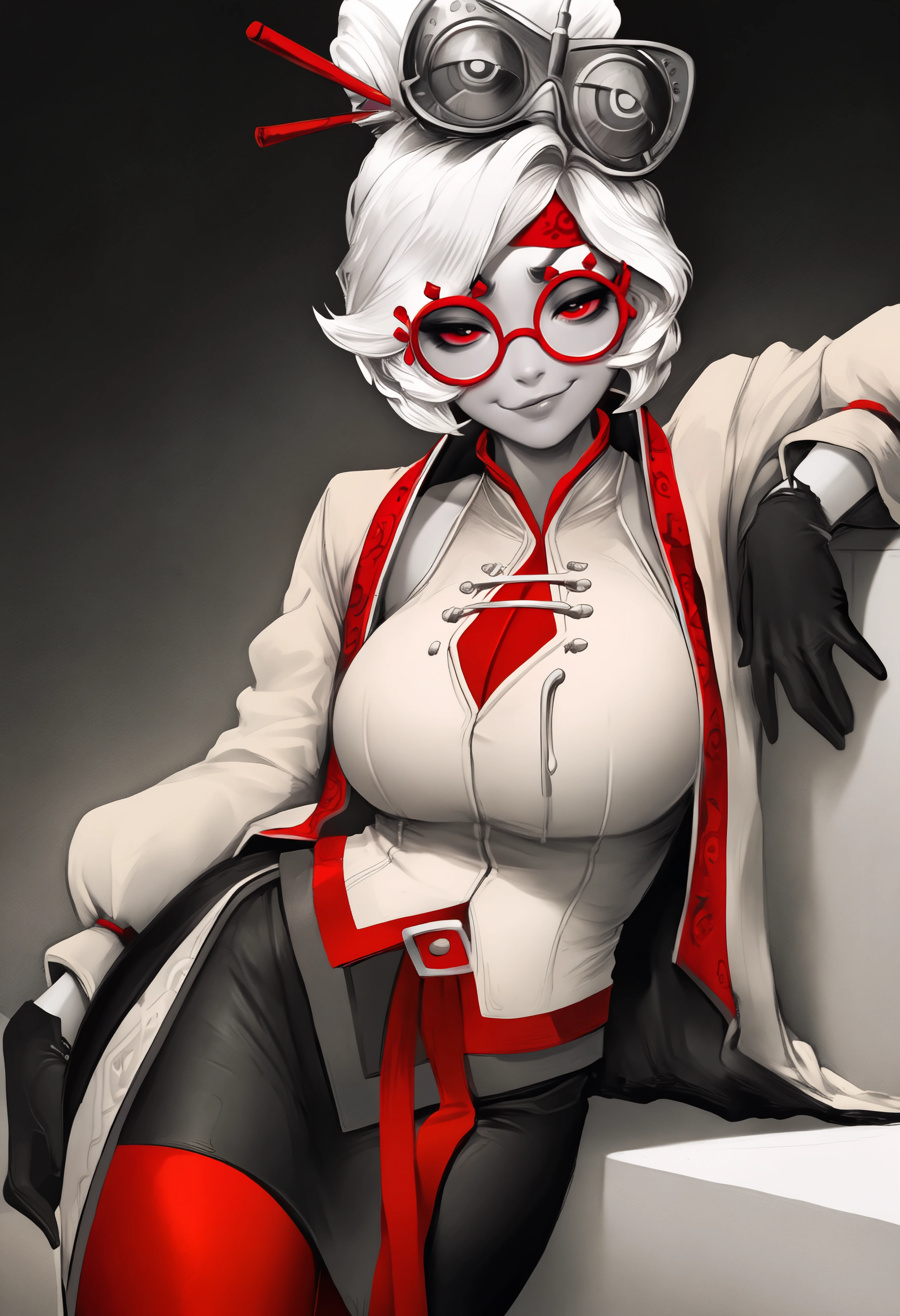 masterpiece, best quality, very aesthetic, monochrome,spot color,1girl, pur4h,white hair, red eyes, hair bun,hair ornament, red headband, red glasses, sleeveless shirt, beige shirt, beige jacket, red trim, open jacket, black skirt, red leggings, gloves,looking at viewer,lips,smug, leaning back,arm rest <lora:purah-illu-nvwls-v1:0.8> <lora:slau_n11:1>