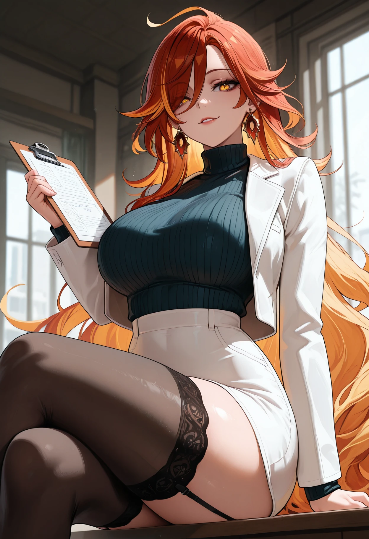 masterpiece,best quality,amazing quality,<lora:mavuika_genshin_impact_ilxl_goofy:1>mavuika, 1girl, alternate costume, black thighhighs, blonde hair, breasts, clipboard, crossed legs, earrings, garter straps, hair between eyes, hair over one eye, holding, holding clipboard, indoors, jacket, jewelry, large breasts, long hair, long sleeves, multicolored hair, open clothes, open jacket, parted lips, red hair, sitting, smile, solo, sweater, thighhighs, turtleneck, turtleneck sweater, very long hair, white jacket, yellow eyes