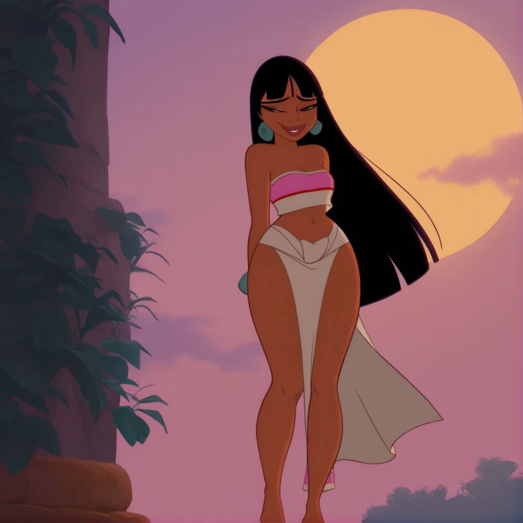 <lora:Chel_Road_to_El_Dorado:1>, Chel, 1girl, solo, dark-skinned female, outdoors, sky, sun, clouds, tree, ((full body, :1.3, barefoot)), ((smug)), brown eyes, black hair, blunt bangs, long hair, pelvic curtain, midriff, pink bandeau top, cream high-slit skirt, 2D cartoon, Dreamworks animaton, (((masterpiece,best quality,newest,absurdres,highres)))
