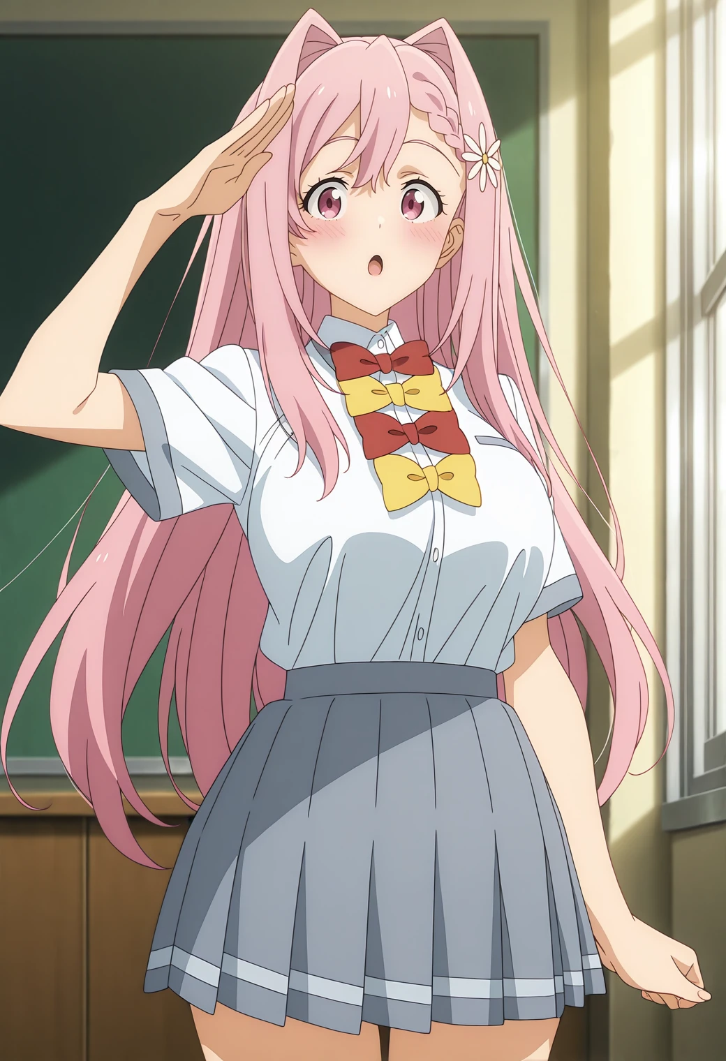 highres, best quality, masterpiece, anime screencap, indoors,
solo, 1girl, mkhekaren, long hair, hair intakes, braid, hair flower, large breasts,
school uniform, white shirt, short sleeves, shirt tucked in, grey skirt, pleated skirt, red bowtie, yellow bowtie, bowtie:1.5,
looking at viewer, open mouth,
blush, salute, thighs,
<lora:_karen_himemiya-elesico-ilxl-snrB:1>