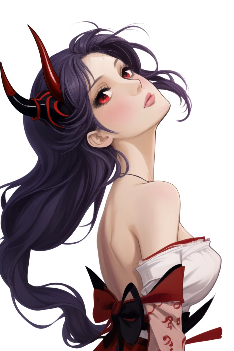 1girl,chain,fox_mask,horns,long_sleeves,bare back,bare shoulder,mask_on_head,oni_mask,red_eyes,rope,(simple_background),solo,from_side,
shaft head tilt,
from side,