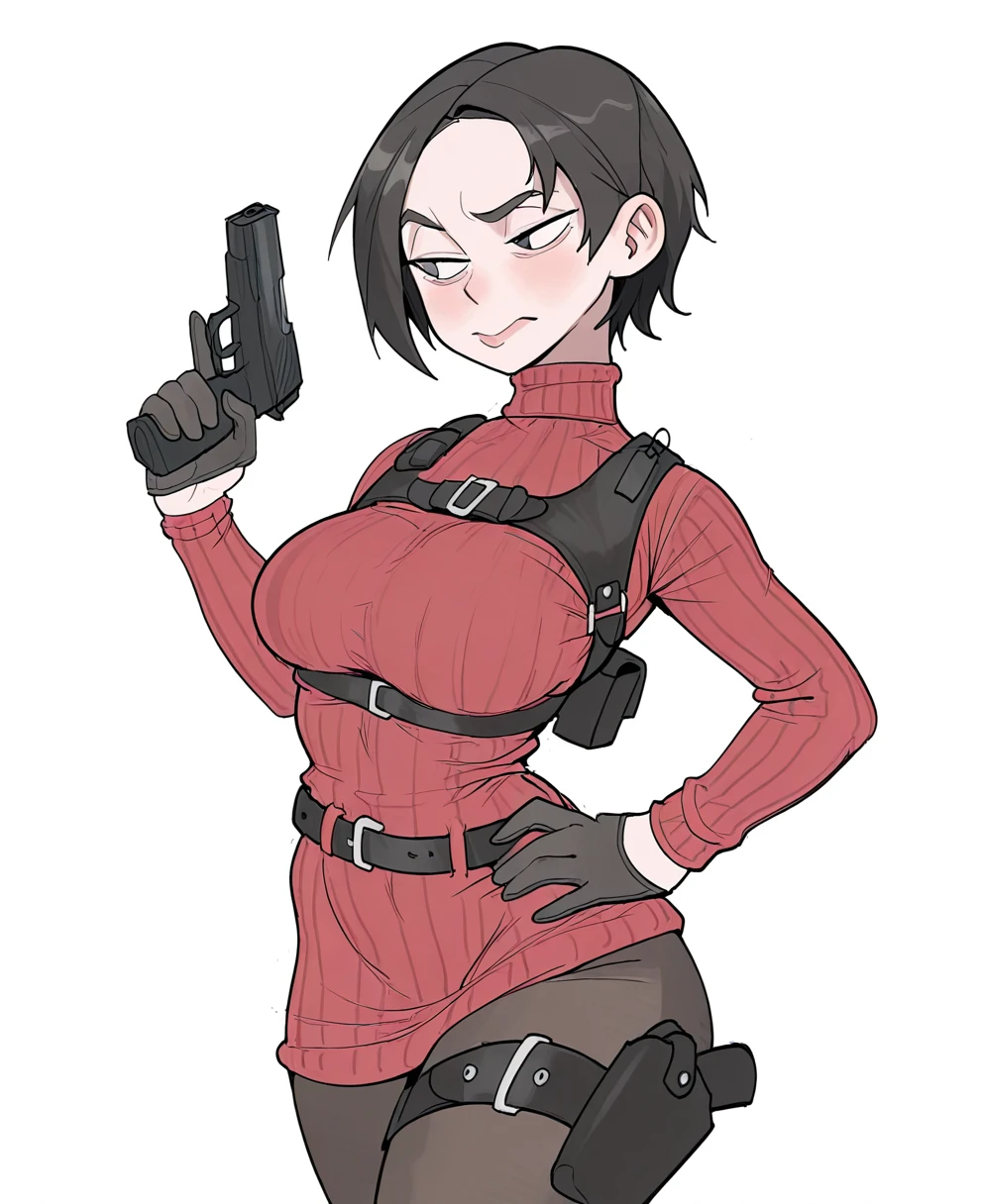 <lora:dairenkeCIVITAI_r1:1> dairenkeCIVITAI,
(masterpiece), (best quality), (ultra-detailed), amazing quality, very aesthetic, illustration, perfect composition, intricate details, absurdres, incredibly absurdres, shiny skin, realistic,
dairenke, 1girl, white background, gun, red sweater, black gloves, weapon, short hair, handgun, black hair, large breasts, hand on own hip, simple background, turtleneck sweater, holster, black belt, pantyhose, closed mouth, blush, black eyes, black pants, long sleeves, ribbed sweater, harness