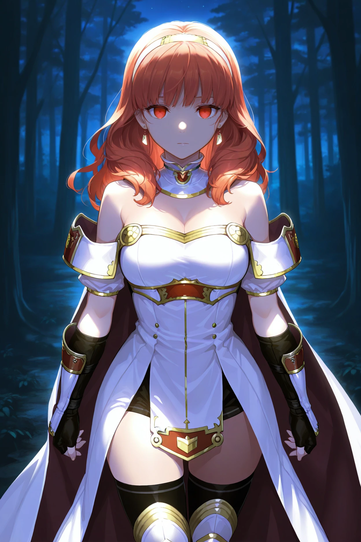 masterpiece, best quality, 1girl, solo, <lora:fecelica-illu-nvwls-v1:1> feCeli, red hair, red eyes, hairband, earrings, cape, detached collar, white dress, cleavage, bare shoulders, arm guards, fingerless gloves, black thighhighs, white boots, looking at viewer, empty eyes, looking at viewer, expressionless, night, forest