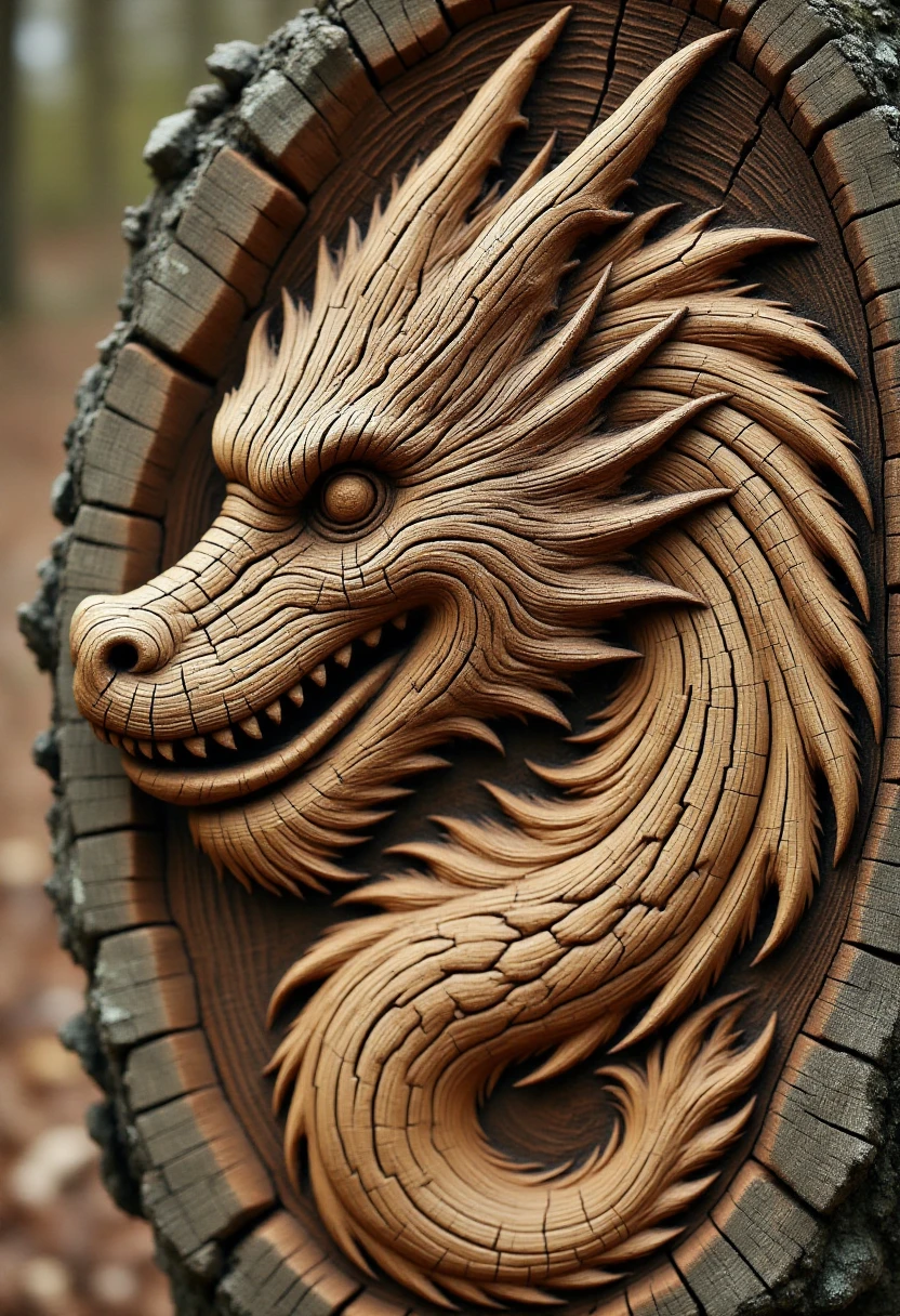 <lora:Tree_Ring_Trunkator_FLUX:0.9>
The image is a photograph showcasing a detailed wooden carving of a dragon, crafted from a tree trunk.