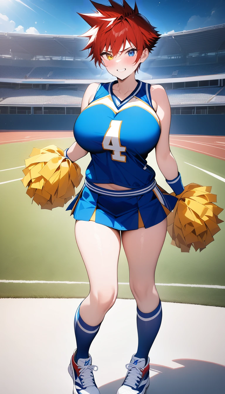score_9, score_8_superior, score_7_superior, score_6_superior, Mature Woman, {{Super huge breasts}}, Wide Hips, Curvy, Straight hair, short hair, Blonde, blue eyes, Blue-based cheerleader uniform、Pleated skirt、Are standing, View your viewers, smile、sagging breast:1.5、Face focus、playground、Stadium、Outdoor、Cheering while shaking her 、Shake your chest