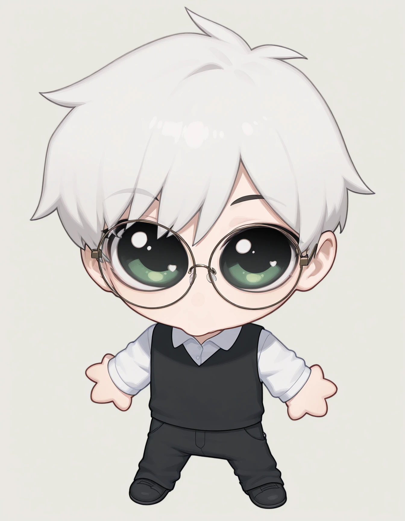 masterpiece, best quality, amazing quality, very aesthetic, high resolution, solo
Anton_Petrov, male, green eyes, white hair, long sleeves, white shirt, black vest, glasses, black shirt, black pants, mikus-concept, full body, big eyes, chibi
<lora:silly-guy-il:1>
<lora:Anton_Petrov_illustriousXL:0.9>