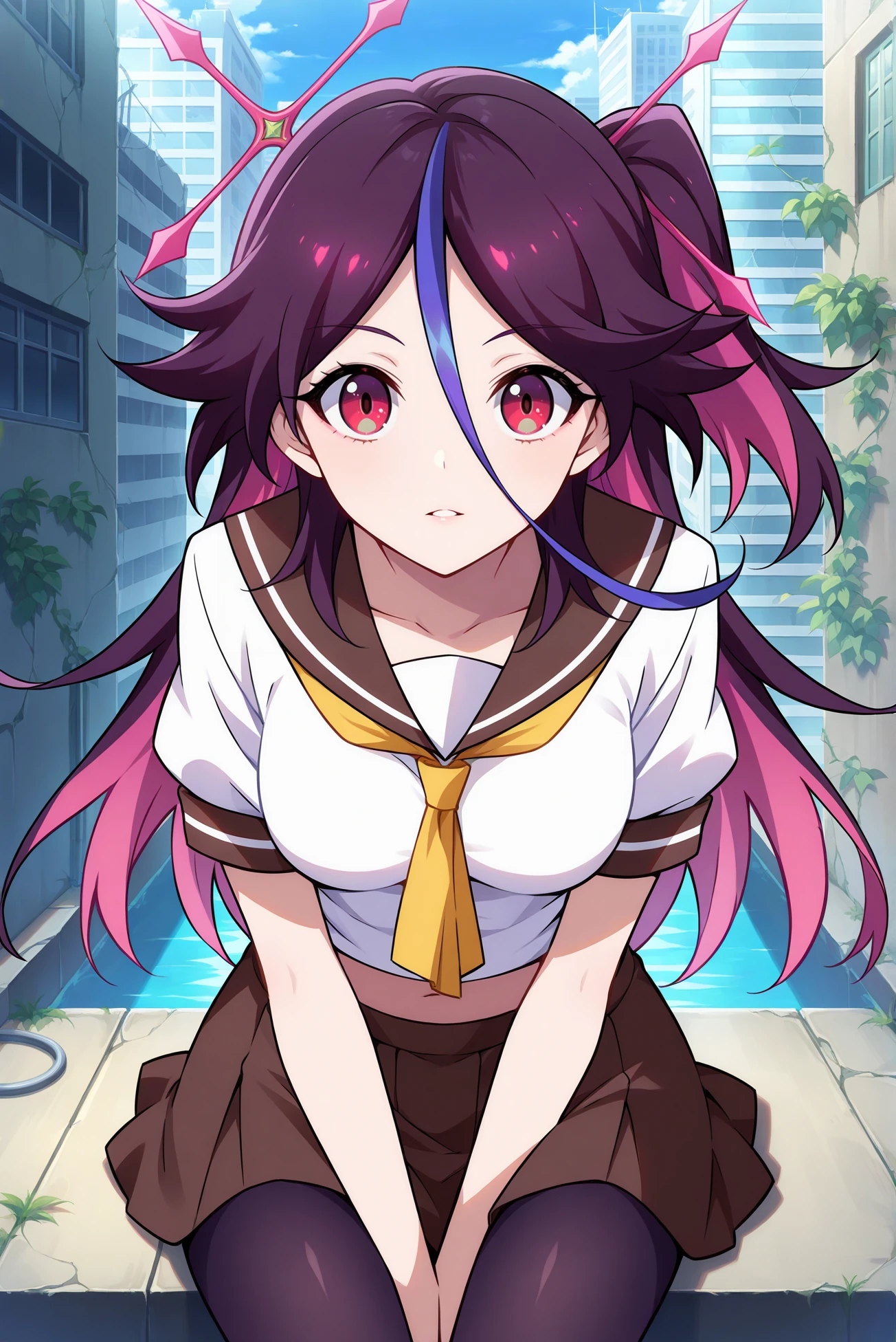 masterpiece, best quality, anime, 2d, 1girl, (slender, anime screencap, medium breasts), solo, houraiji gakuen, <lora:Houraiji-ILXL-V1:1>
BREAK (colored inner hair, purple hair, streaked hair, long hair, hair ornament, parted bangs, hair between eyes, one side up), outdoors, city ruins
BREAK (serafuku, school uniform, midriff, brown miniskirt, pantyhose:1.4),
BREAK (looking at viewer, cowboy shot, sitting:1.2), (parted lips, red eyes),