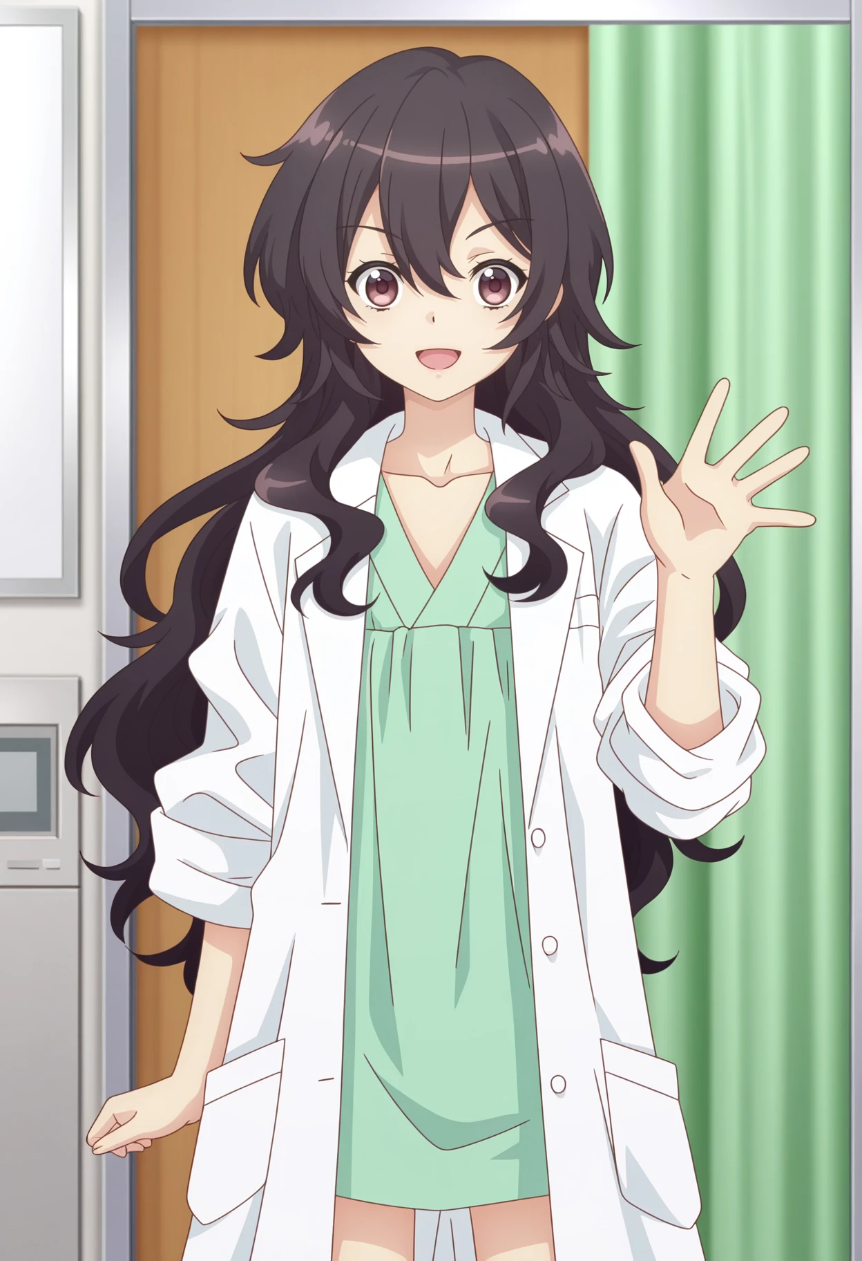 (best quality:1.1),ultra-detailed,high resolution,super detailed skin,beautiful detailed eyes,8k,sharp focus,beautiful,beautiful eyes,anatomically correct,anatomically correct face,extremely detailed eyes,smooth edges,beautiful face,symmetrical eyes,symmetrical face,smile,
AMEKU_TWO,solo,black hair,long hair,green shirt,kimono,hair between eyes,closed mouth,looking at viewer,lab coat,wavy hair,collarbone,<lora:AMEKU_illustrious-000020:1>,open mouth,waving,cowboy_shot