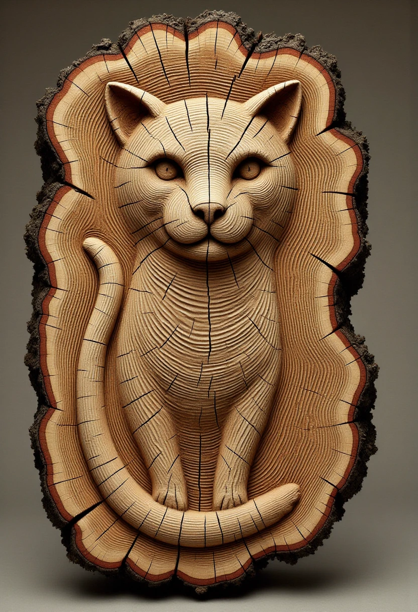<lora:Tree_Ring_Trunkator_FLUX:0.9>
The image is a photograph showcasing a detailed wooden carving of a cat, crafted from a tree trunk.