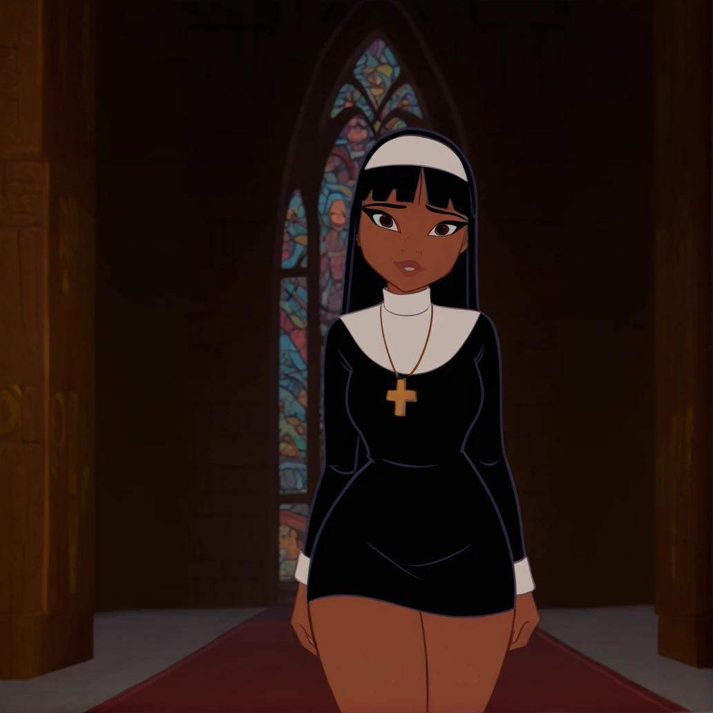 A teenage girl nun sect sexy big breast beautiful beautiful dresses black nun Knots chest shows navel and underneath a black skirt long black hair her brown eyes She goes to Mexico temple she lifts a thousand coffin
