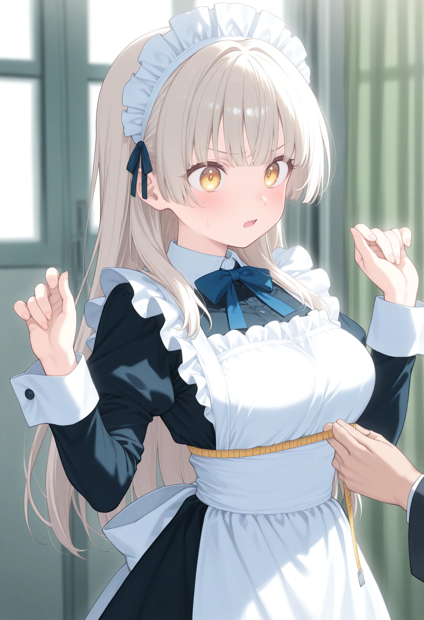 1girl,(sho \(sho lwlw\):0.7),(toosaka asagi:0.5),(sincos:0.3),solo,
masterpiece, best quality, newest, absurdres, CG, anime, source anime, illustration,
maid, maid headdress,medium breasts,
hospital, blush,
bust measuring, tape measure, measuring, hands up, 1other, <lora:bustmeasuring_Illust_v1:0.8>
from behind, cowboy shot, looking ahead, white hair, golden eyes,angry,open mouth, hime cut hair,