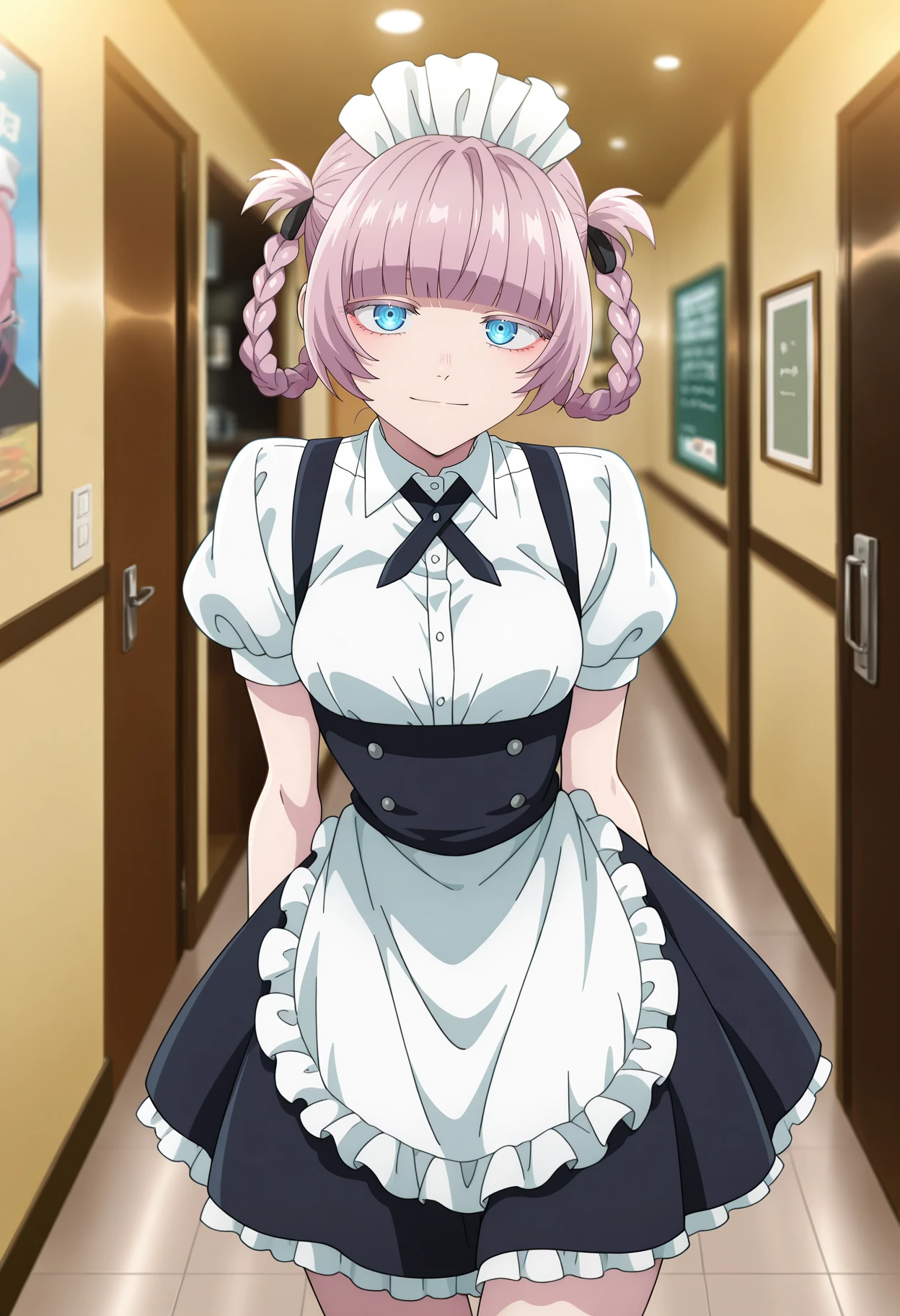 anime screencap, masterpiece, best quality,
<lora:YofukashiNoUta_NanakusaNazuna_IlluXL:0.9>,
1girl, solo, closed mouth, light smile,
pink hair, short hair, braid, blunt bangs, hair rings, blue eyes,
NanakusaMaid, maid dress, white shirt, black ribbon, puffy short sleeves, frilled apron, white apron,
looking at viewer, thigh gap, cowboy shot,
blurry background, photo background, indoors, cafe