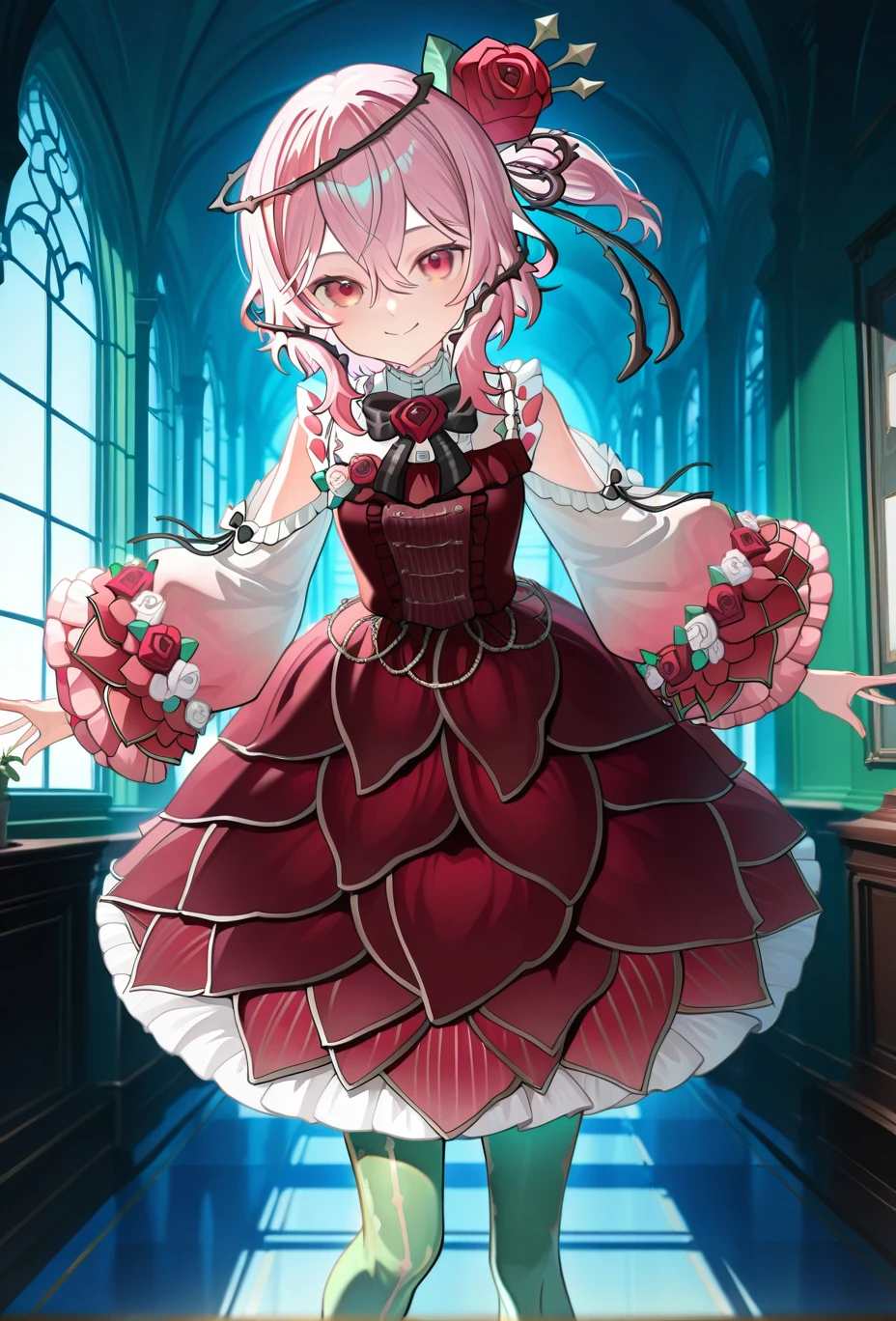 <lora:Rosemi_Lovelock:1>, rosemi lovelock, 1girl, pink hair, hair flower, thorns, virtual youtuber, short sidetail, rsm_1st, shoulder cutout, solo, red dress, indoors, green pantyhose, smile, looking at viewer, red eyes,