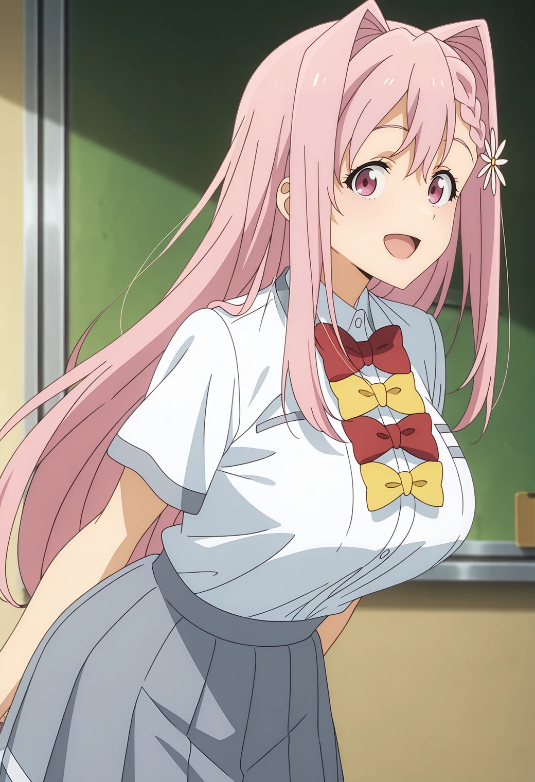 highres, best quality, masterpiece, anime screencap, indoors,
solo, 1girl, mkhekaren, long hair, hair intakes, braid, hair flower, large breasts,
school uniform, white shirt, short sleeves, shirt tucked in, grey skirt, pleated skirt, red bowtie, yellow bowtie,
looking at viewer, smile, open mouth,
leaning forward,
<lora:_karen_himemiya-elesico-ilxl-snrB:1>