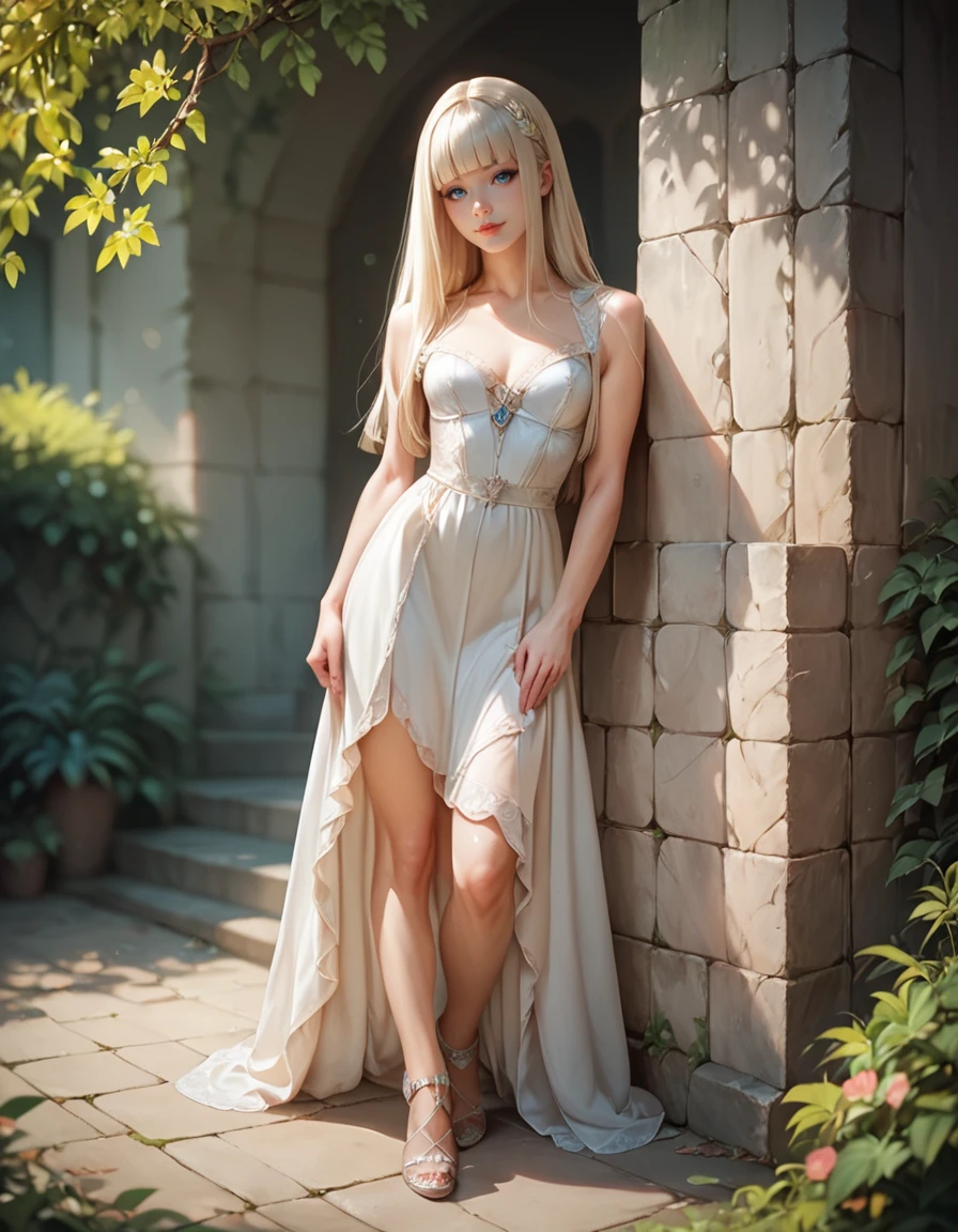 Ella freya como Princesa elfa rubia cabello corto orejas de elfo cuerpo firme Senos perfectos vestido blanco