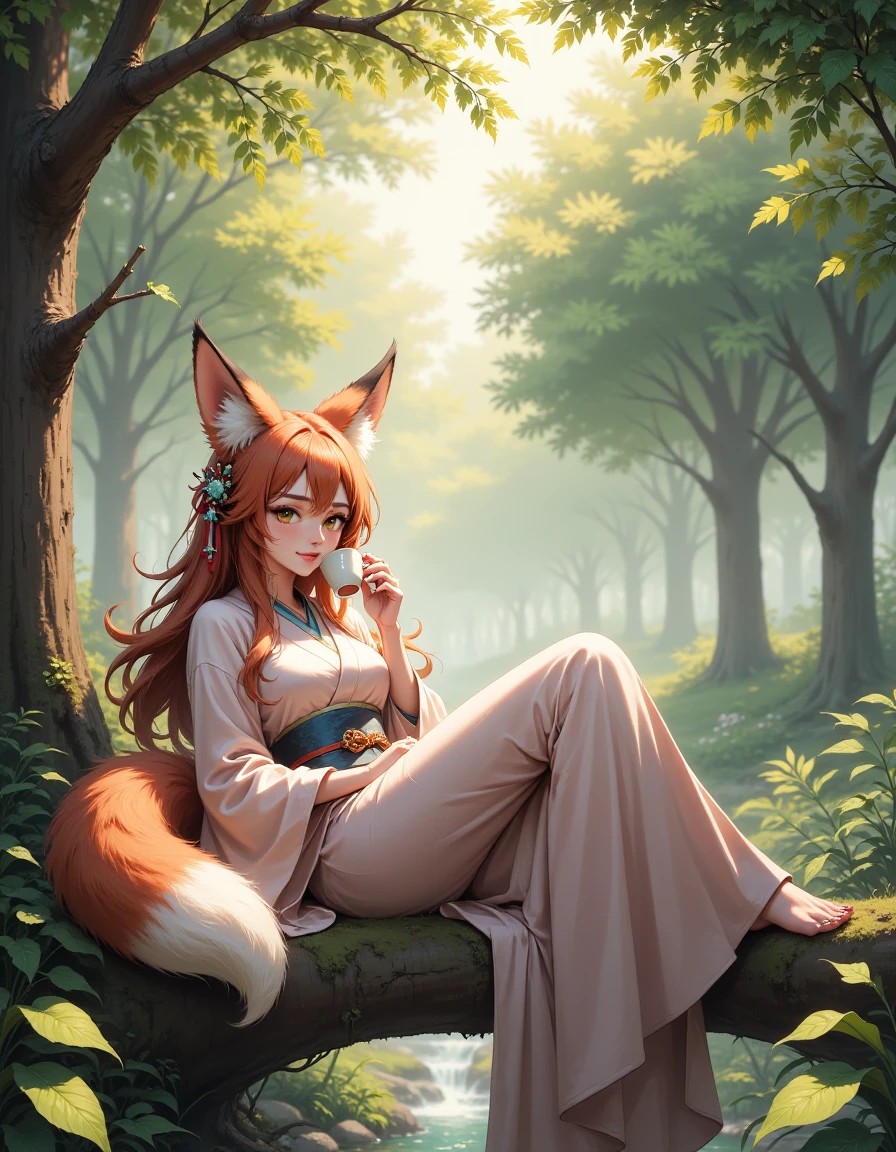 A cheerful kitsune is lounging on a tree branch in a lush forest, her nine fluffy tails curling lazily around her as she sips sake from a small cup. She wears a simple yet elegant kimono, while warm sunlight filters through the canopy above. The atmosphere is lighthearted and relaxed, captured in a fantasy art style with natural lighting, dynamic composition, and a medium shot from a slight low angle. a kitsune woman, <lora:Kitsune_v51-000130:1>