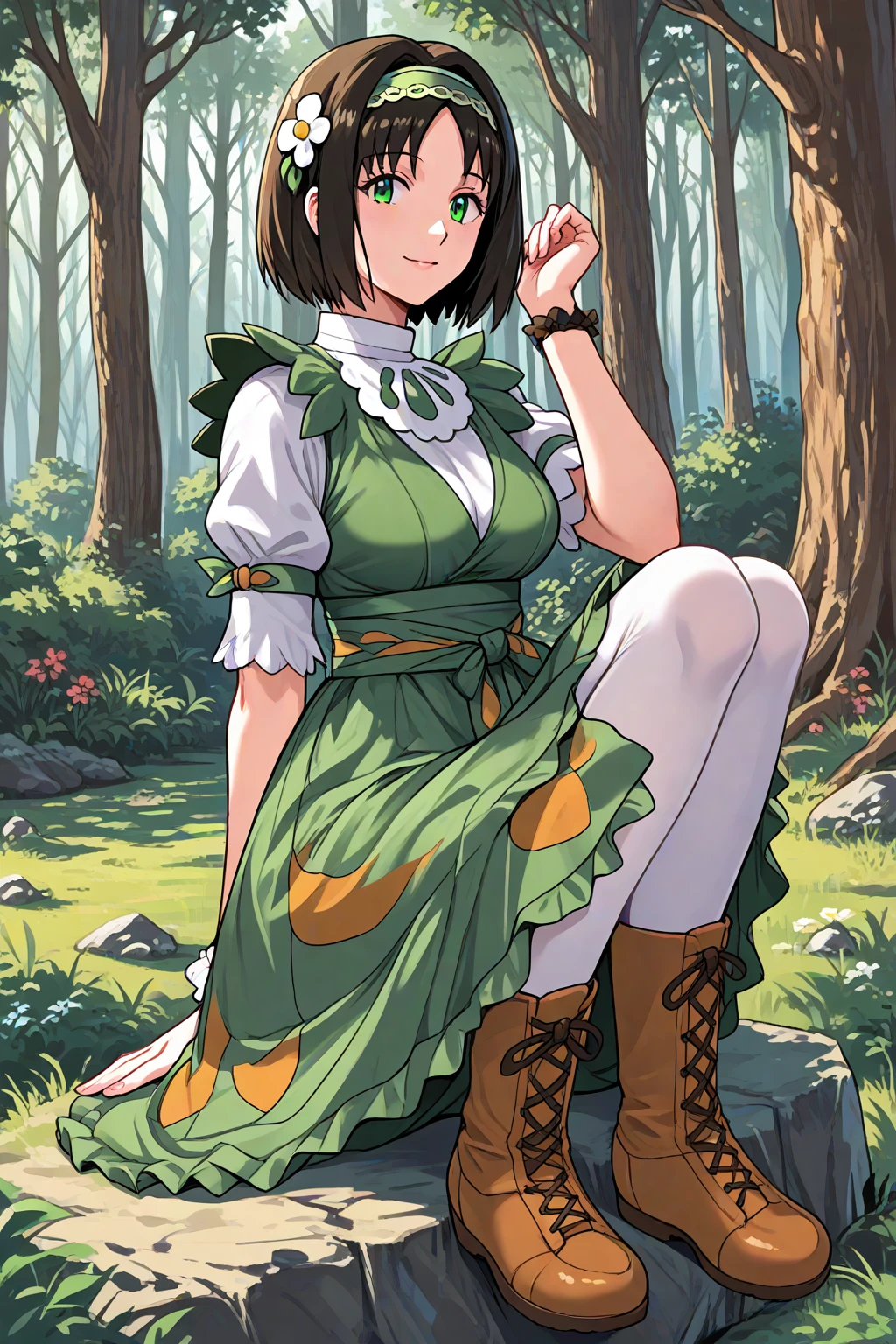 source_anime, score_9, score_8_up, score_7_up, 1girl, solo,) sitting, on a rock, forest, woods, nature, anime, character age 20, mature female, ,sygerika, erika_\(pokemon\), green_eyes, black_hair, short_hair,green_hairband, hair_flower,dress, green_dress, (short_sleeves), single_wrist_cuff, white_pantyhose,boots, brown_footwear, masterpiece,best quality