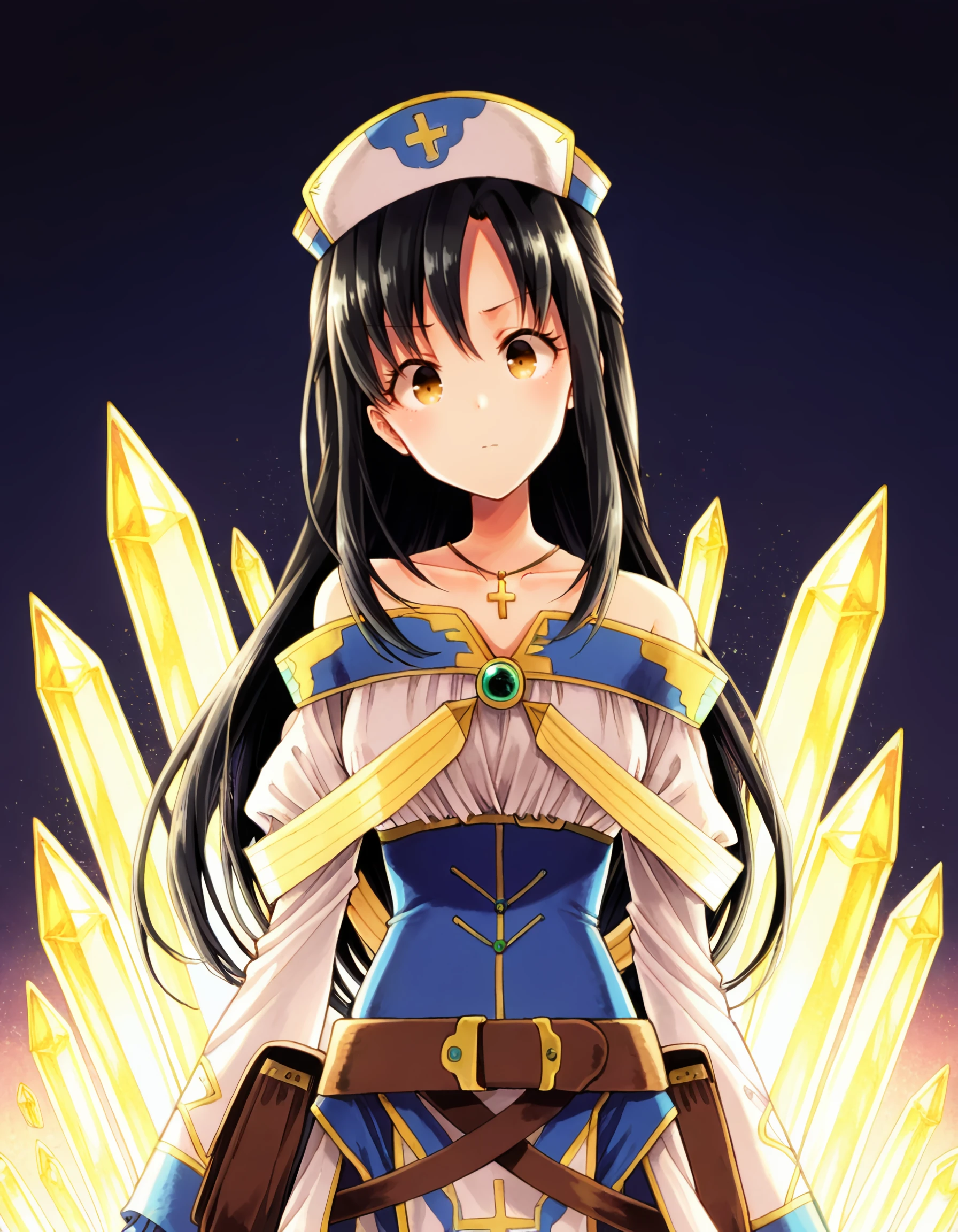 <lora:kaori_shirasaki_il:1> rating:safe, kaori_shirasaki, long_hair, black_hair, hat, brown_eyes, yellow_eyes, jewelry, necklace, long_sleeves, off_shoulder, robe, cross shadow, contrast, glow, neon_trim, (hisona_\(suaritesumi\):1.2), 1girl, ascot, brown_bag, closed_mouth, cowboy_shot, crystal, frilled_ascot, glowing, head_tilt, looking_at_viewer, mob_cap, solo, yellow_ascot,  masterpiece, detailed, best_quality