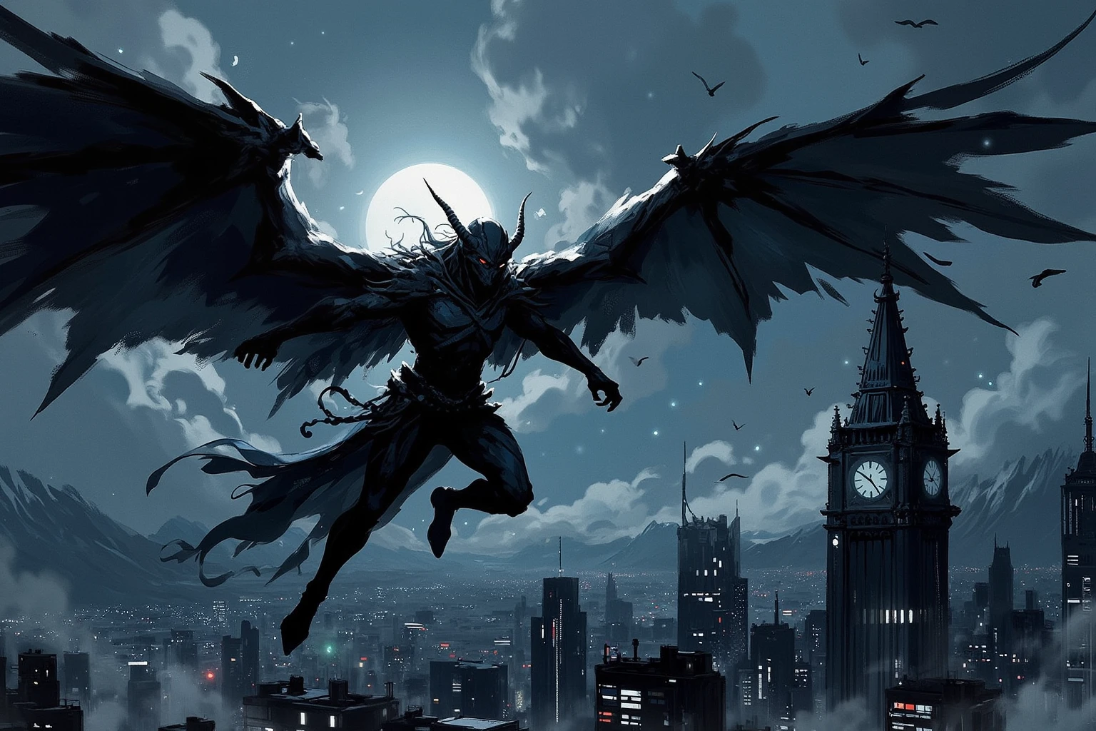 Special Ink-drawing mode, soft lighting with dynamic highlights, tiefling demon, with huge black wings, soaring over the night city