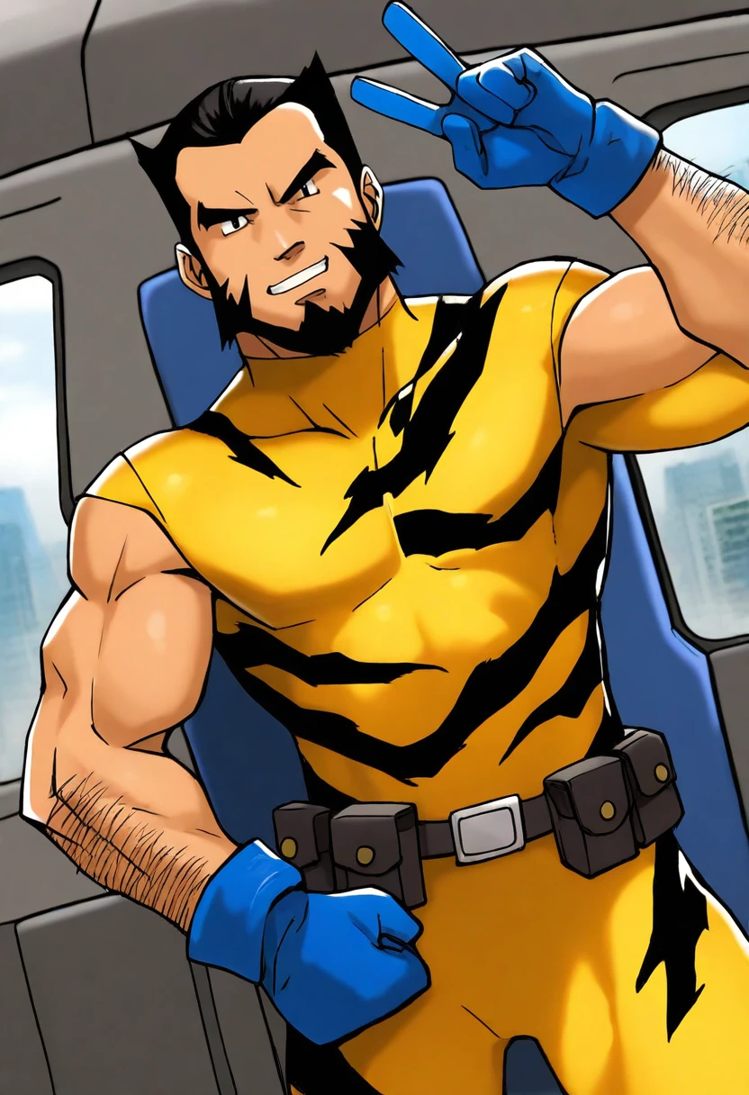 ict style,1boy,mature male, wolverine, x-men,solo, cowboy shot,peace sign,v,bodysuit, blue gloves,arm hair,bare arms,belt,turtleneck,indoors,plane interior, cargo plane,yellow bodysuit,tiger print,(spiked hair:0.7),belt pouch,masterpiece, best quality, amazing quality, very aesthetic, absurdres <lora:KenSugimoriIllus:1>