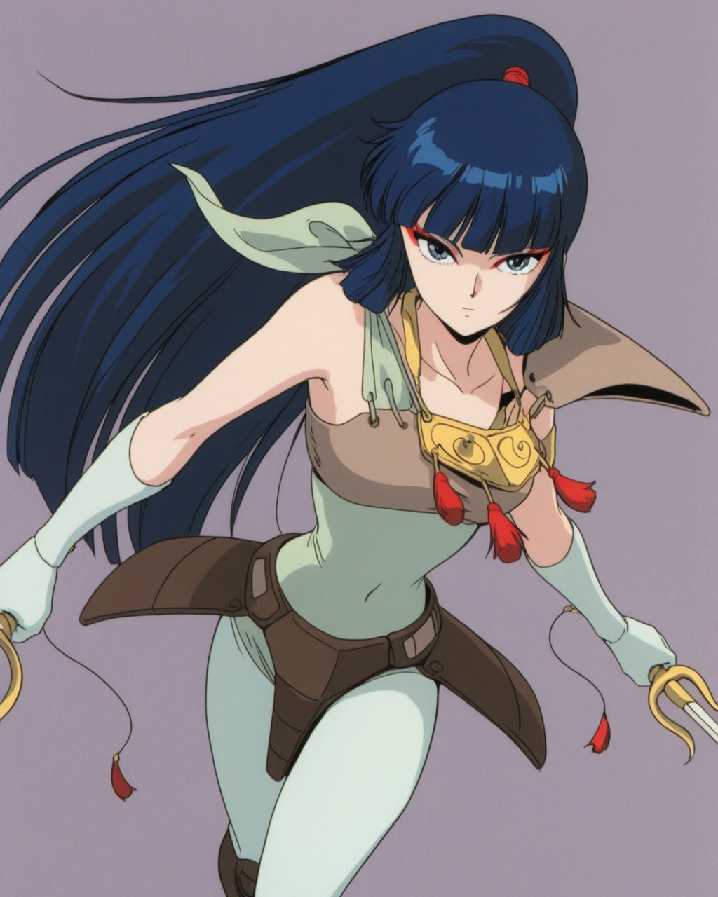 masterpiece, 1girl, solo , <lora:kayura_il:1> kayurawar,blue hair, long hair, blunt bangs, ponytail, blue eyes, red eye makeup, green leotard with shoulder tie, pale green tights, boots, armor with shoulder guard, waist armor, gold necklace, covered navel, pale green gloves, single gold armband, starlight sword with tassel, holding swords, dual wielding, official art, looking at viewer, jumping, knees bent, serious, attacking