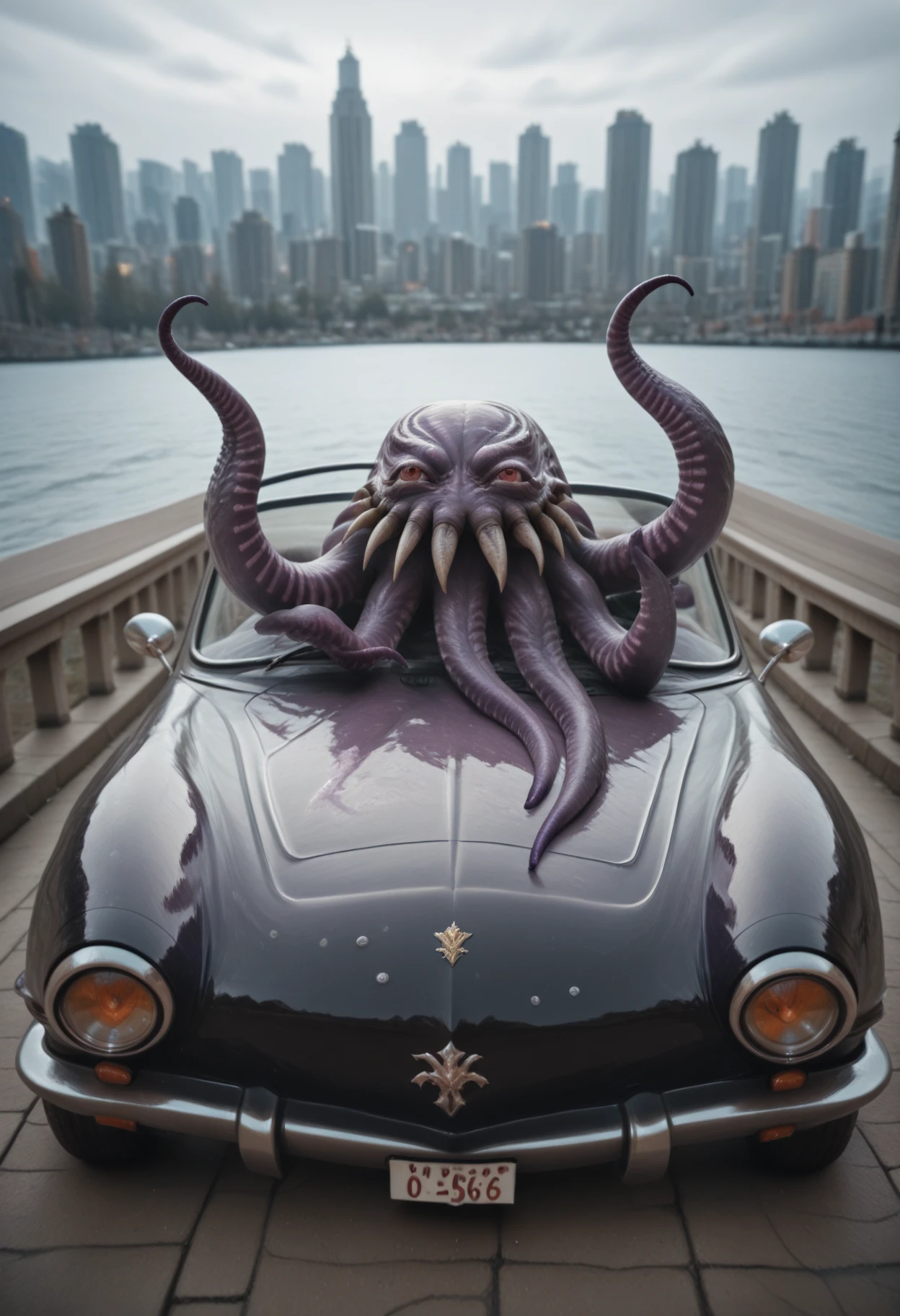 kftenhance, masterpiece, best quality, amazing quality, realistic, ultros, monster,  no humans, driving, convertible car, city background