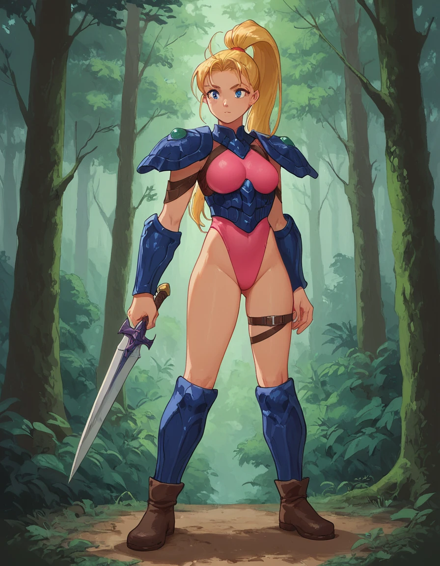 score_9, score_8_up, score_7_up, zPDXL, masterpiece, anime, <lora:sn0wStyle:1> <lora:HKHorrorXL:1> 1girl, solo, blonde hair, armor, long hair, high ponytail,  ponytail, blue eyes, boots, pink leotard, weapon, shoulder armor,  erel plowse<lora:Erel_Plowse_Evil_Zone:0.7> forest