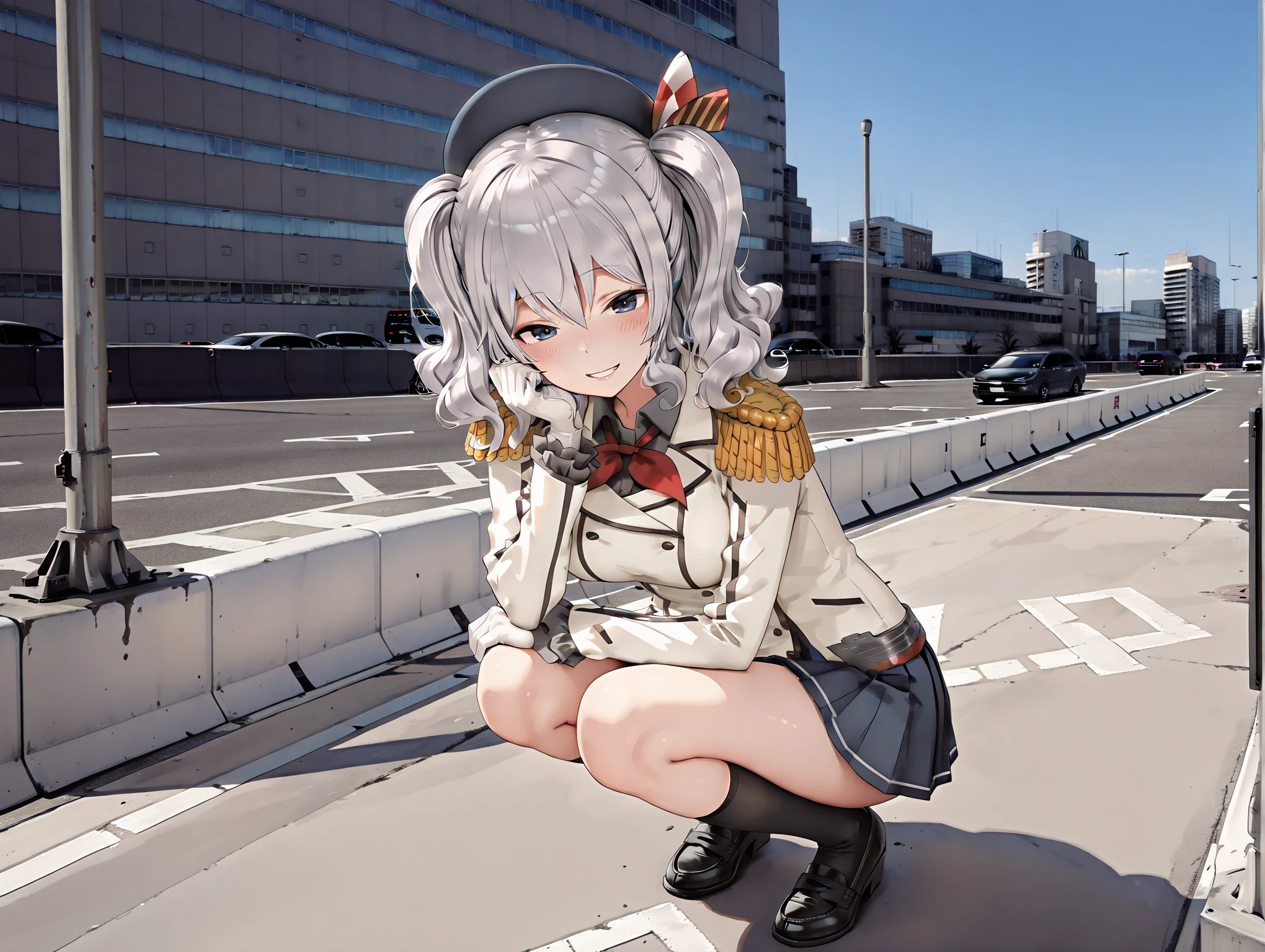 masterpiece,best quality,amazing quality,solo,1girl,
<lora:kashima_ilxl_v1.1>,kashima,k_hat,black beret,k_clothes,loafers,
<lora:Fixhands_anime_bdsqlsz_V1:1>,
<lora:H_S_area_ilxl_v1:1>,Service_area00,blue sky,
skyscrapers,road,building,motor vehicle,street,traffic light,lamppost,car,squatting,from_above,looking_up,light_blush,grin,illustration,