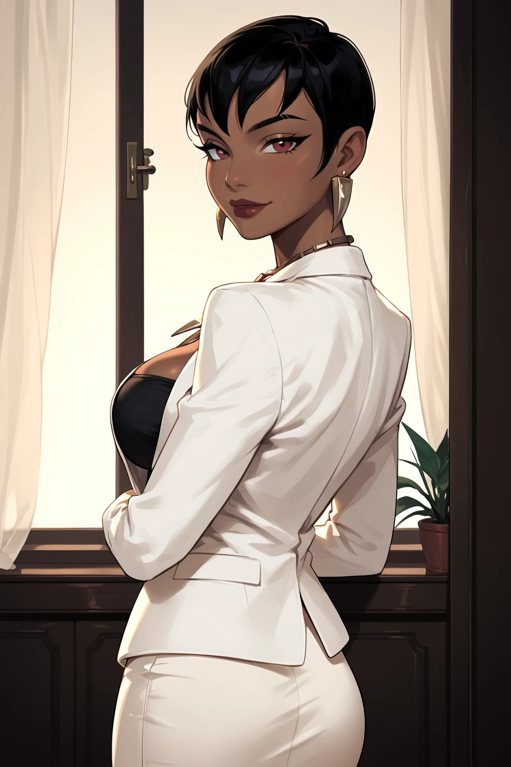 PonyXLV6_Scores BREAK (perfect anatomy, perfect eyes, cowboy shot) <lora:add_details_xl:0.8> BREAK <lora:Vixen_-_DC_Animated_Universe:0.8> mari mccabe, short hair, black hair, dark-skinned female, red eyes, flirting, raised eyebrow, ((looking back at viewer)), jewelry, earrings, necklace, white suit, formal, jacket, cleavage, black tube top, skirt, large breasts, curvy, toned, athletic, seductive pose, indoors