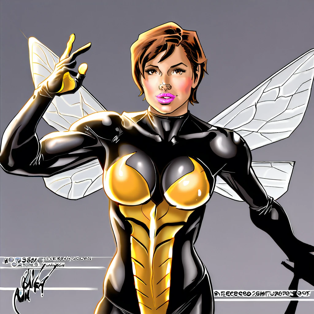<lora:JEstacado_pony_v1:1> score_9, j-estacado_style, j-estacado, source_artwork <lora:wasp_pony_v1:0.8> waspjanet, 1girl, short hair, insect wings, bodysuit, medium breasts, brown hair, , brown eyes, lips