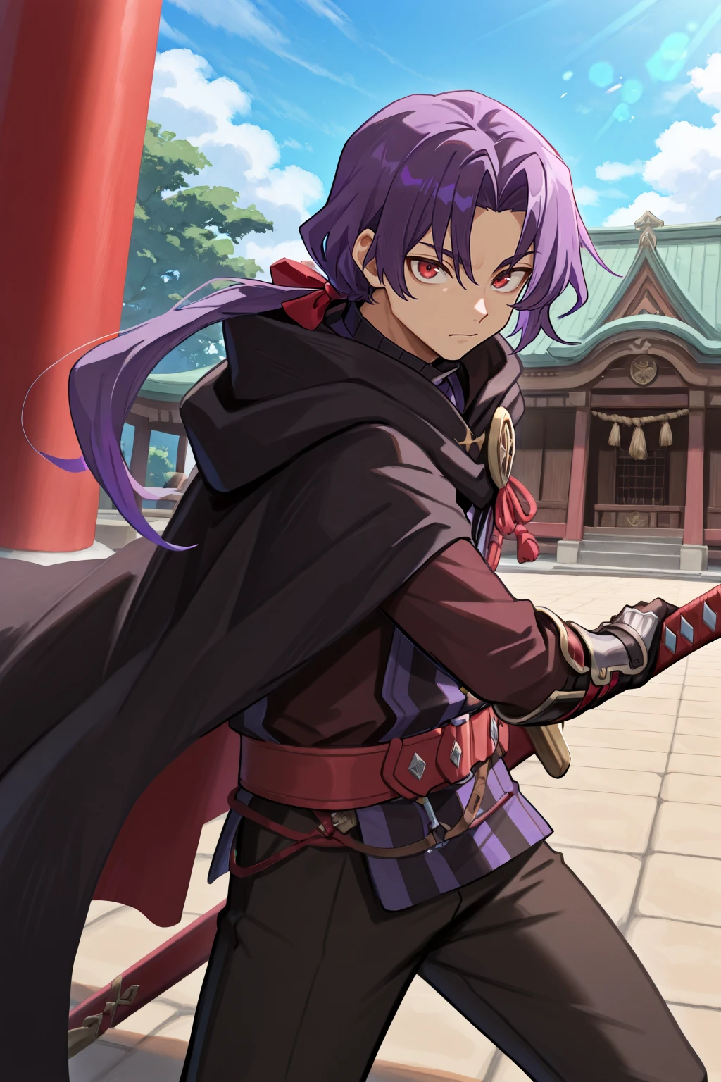 <lora:Battoujutsu_Stance:1> , battoujutsu stance, sheathed, sheath, sword, <lora:RussellIL:0.8> , rusdef, 1boy, red eyes, purple hair, long hair, ponytail, low ponytail, hair ribbon, black cloak, cape, striped tunic, tunic, belt, black pants, gauntlets, looking at viewer, cowboy shot,  temple, exterior, day, masterpiece, very aesthetic, absurdres, best quality, amazing quality, high resolution, <lora:illustrious_quality_modifiers_masterpieces_v1:0.8> , <lora:ChamIllustriousBackgroundEnhancer:0.5>,  solo,