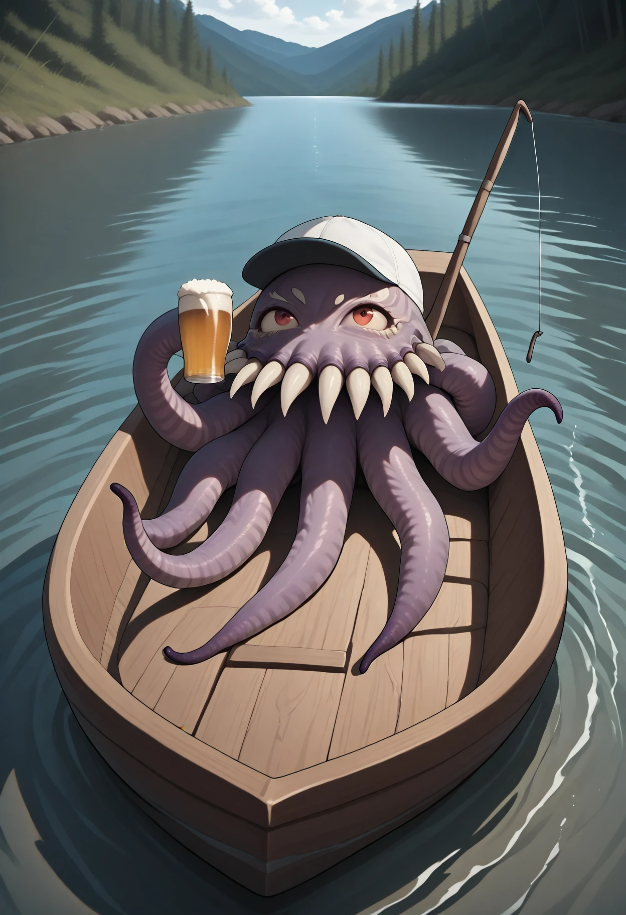masterpiece, best quality, amazing quality, very aesthetic, absurdres, newest, ultros, monster, solo, no humans, baseball cap, fishing rod, beer, boat, swamp