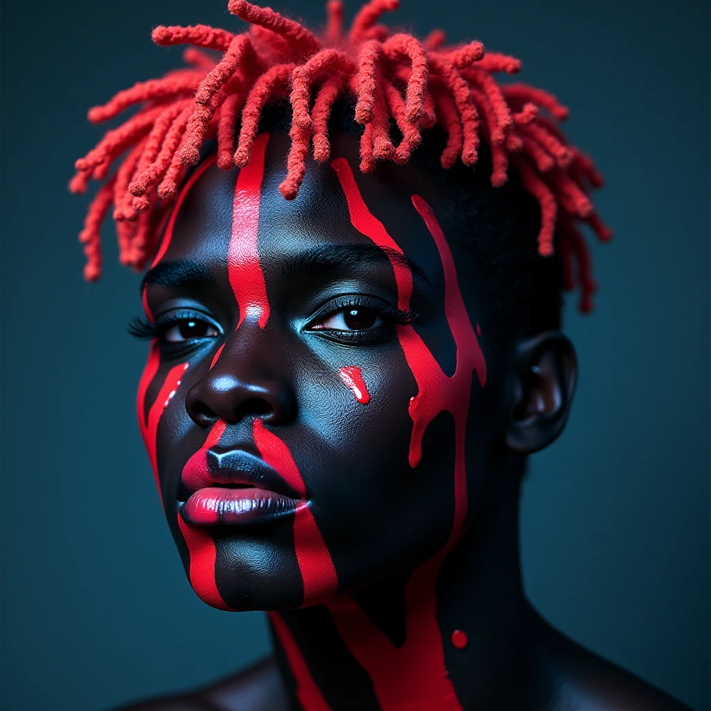 A black male person with artistic slimy face paint and neon hair. w3p0rtra1t.