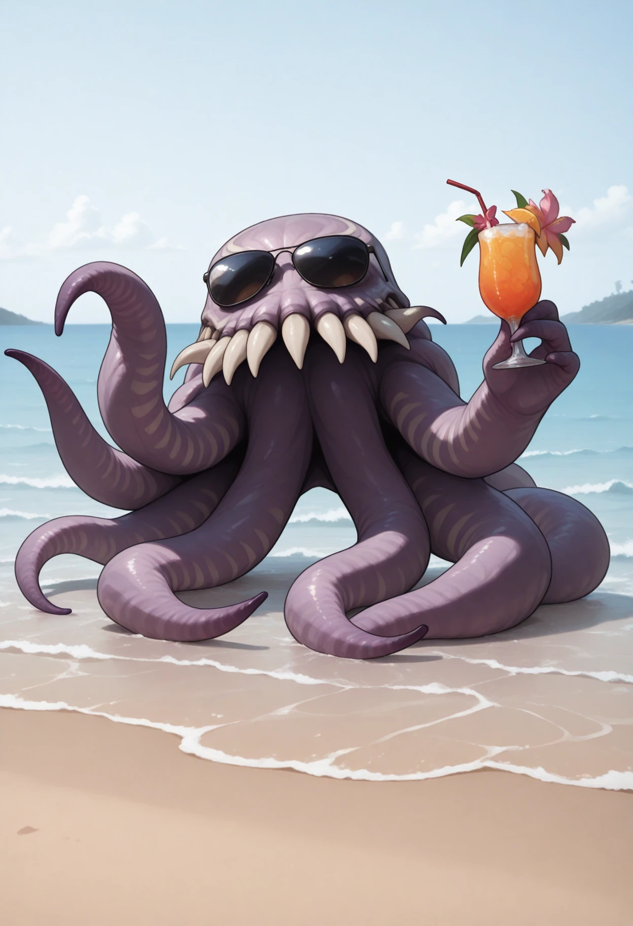 safe_pos, masterpiece, best quality, amazing quality, very aesthetic, absurdres, newest, ultros, monster, no humans, wearing sunglasses, beach, tropical drink