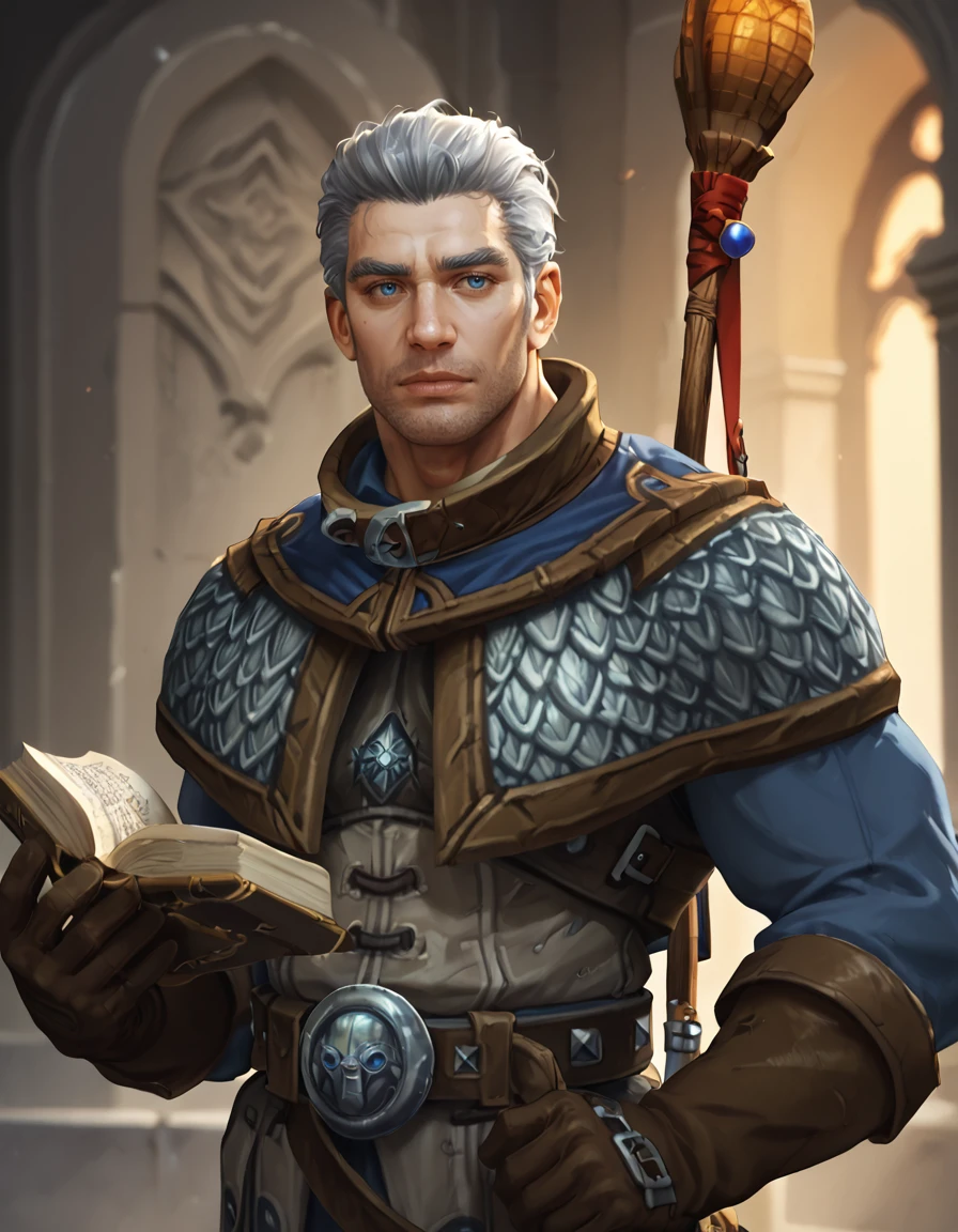 score_9, score_8_up, score_7_up, score_6_up, score_5_up, score_4, upper body, realistic
BREAK <lora:Archmage_Khadgar_-_World_of_Warcraft_-_Pony:0.8> wow_khadgar, mature male, grey hair, blue eyes, stubble, robe, brown gloves, belt, satchel, staff on back, holding book