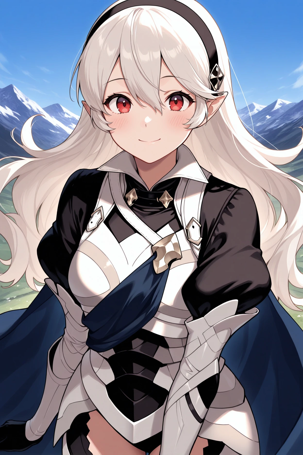 masterpiece, best quality, 1girl, solo, <lora:fecorrin-illu-nvwls-v1:1> baseCor, white hair, hair between eyes, long hair, pointy ears, red eyes, black hairband, armor, puffy sleeves, juliet sleeves, blue cape, black gloves, looking at viewer, upper body, smile, happy, blush, blue sky, mountains, thigh cutout