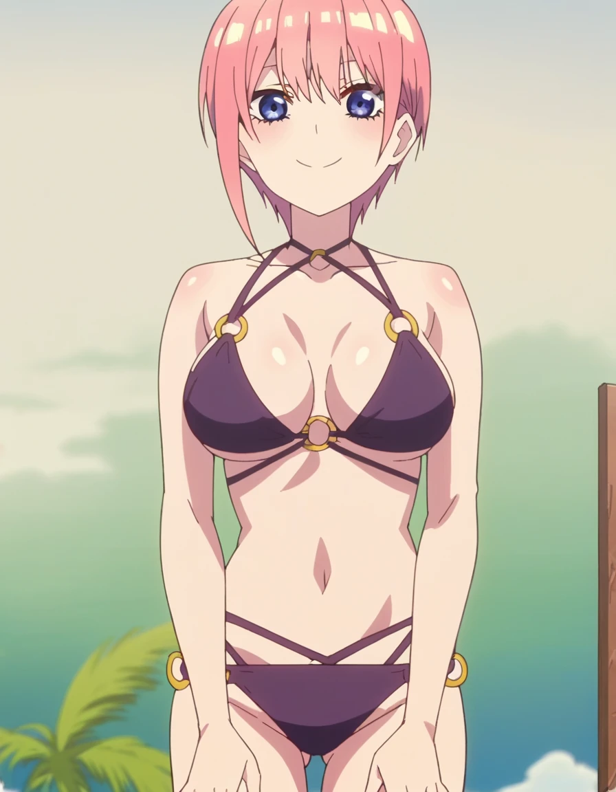tensura, minamikotobuki\(oshinoko\), 1girl (masterpiece) (best quality)(shiny hair)(shiny skin)(shiny skin), 1 girl, solo, short hair, boob curtain, under boobs, upper body, (micro bikini), presenting armpit, bare shoulder, collar bone, mole, arm up, beach, selfie