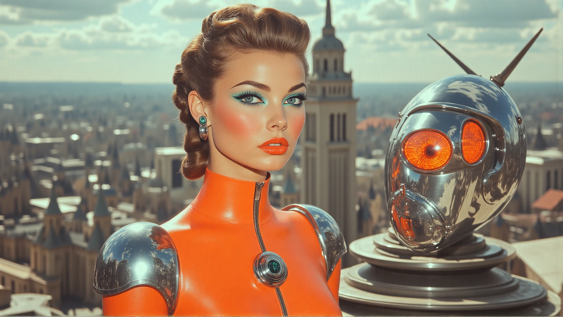 retro50s_style A breathtakingly beautiful woman with a fierce and independent spirit. She's wearing a tight, orange jumpsuit with silver armor-like details that give her a powerful and commanding look. Her hair is styled in a braided updo with metallic threads, and her makeup is bold and striking, with a metallic orange lip and glowing blue eyeshadow. She's standing on a rooftop, overlooking a sprawling, retro-futuristic city, with a silver and orange drone hovering beside her.