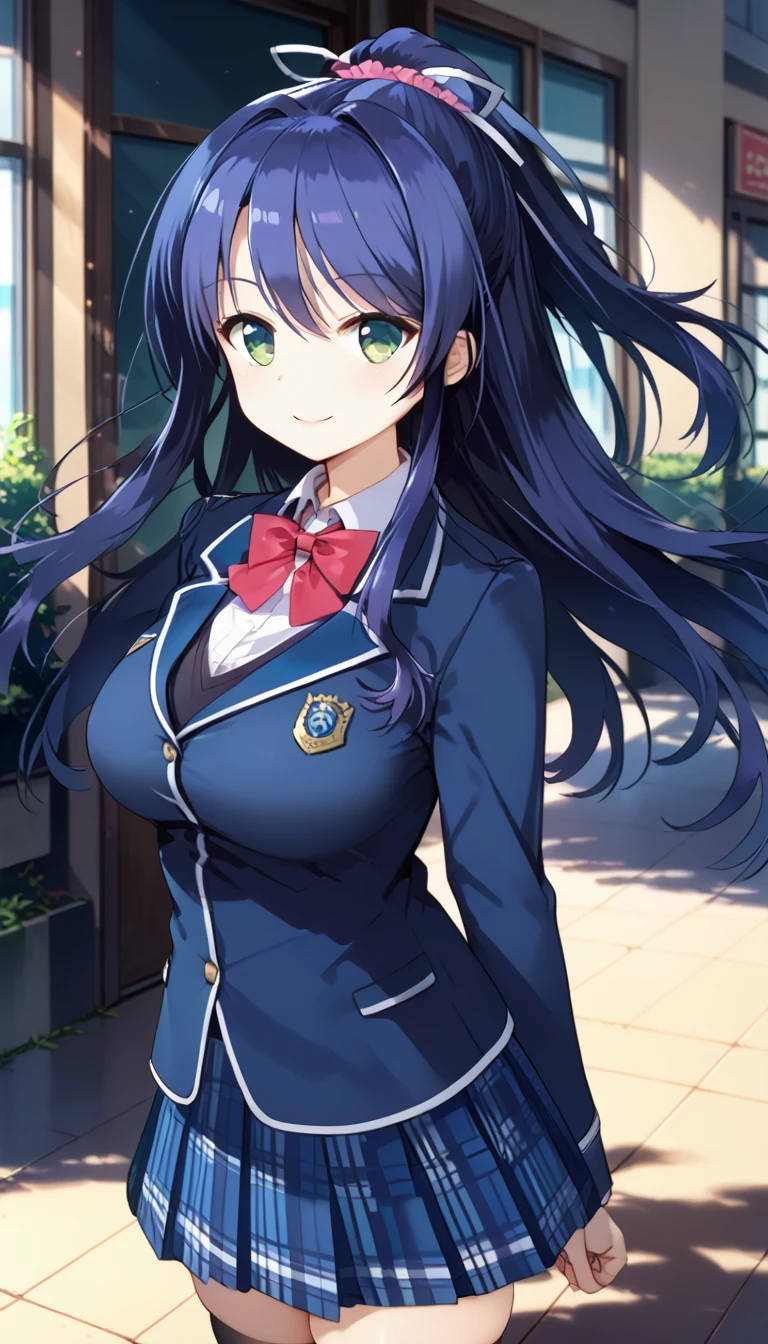 score_9,score_8_up,masterpiece,best quality,correct anatomy,anime_source,1girl,solo,alone,perfect eyes,perfect arms,perfect legs,perfect face,outdoors,cowboy shot,upper body,(portrait:1.5),looking at viewer,facing viewer,smile,blush,Shijou Rika,blue hair,long hair,high ponytail,floating hair,hair ribbon,white ribbon,sidelocks,hair between eyes,parted bangs,green eyes,school uniform,blazer,blue jacket,taut jacket,wing collar,red bowtie,black vest,collared shirt,white shirt,large breasts,skindentation,long sleeves,blue skirt,plaid skirt,pleated skirt,zettai ryouiki,black thighhighs,loafers,<lora:Shijou Rika(ksak)-Pony:1.6>,