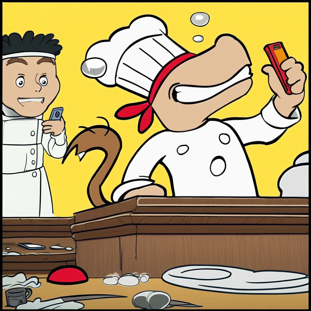 head out of frame, tail wagging, yellow background, multiple boys, bubble, headwear removed, jewelry, table, oldsharik, chef hat, grin, box, cup, headband, cellphone, tail, black border, red footwear