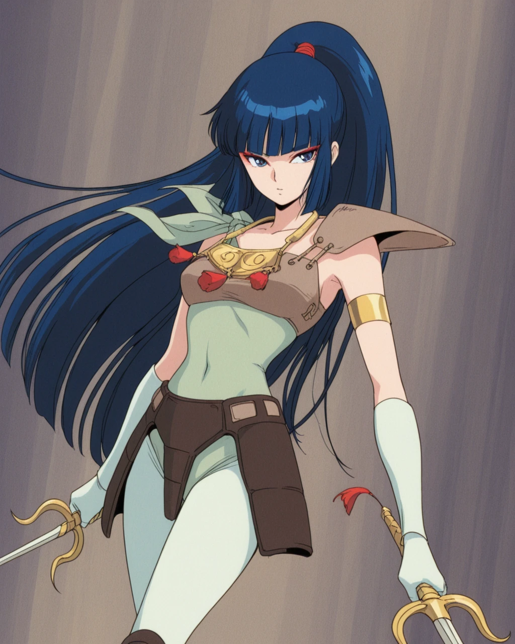 masterpiece, 1girl, solo , <lora:kayura_il:1> kayurawar,blue hair, long hair, blunt bangs, ponytail, blue eyes, red eye makeup, green leotard with shoulder tie, pale green tights, boots, armor with shoulder guard, waist armor, gold necklace, covered navel, pale green gloves, single gold armband, starlight sword with tassel, holding swords, dual wielding, official art