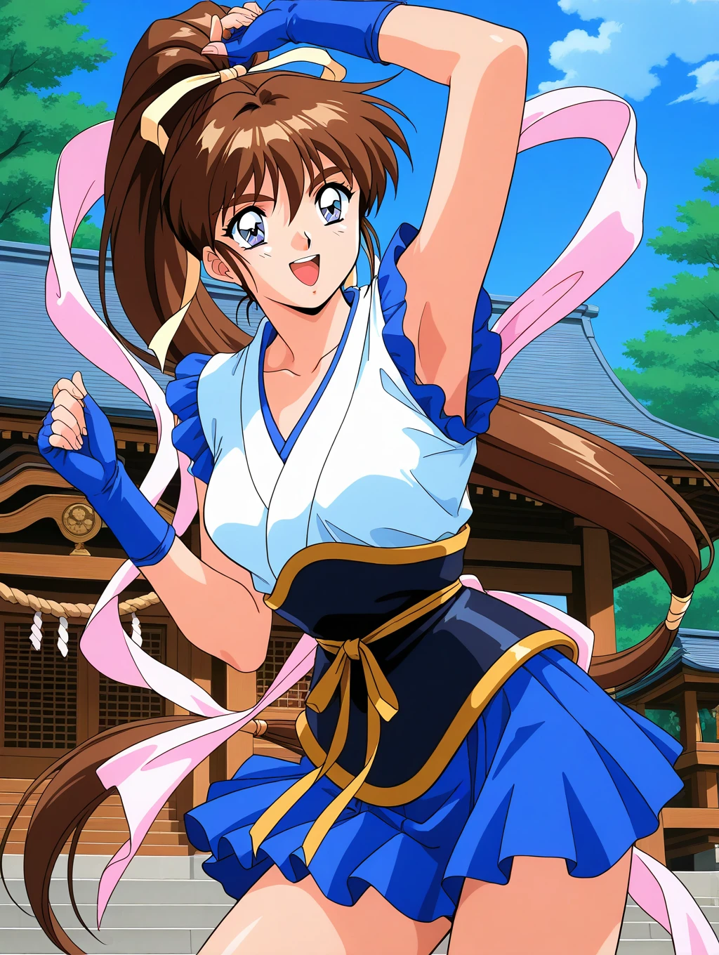 general,highres, ultra-detailed,very aesthetic,best quality ,best hands,  BREAK <lora:Amatsu_Ai_IS:1>Amatsu_Ai, brown hair, ponytail, very long hair, ribbon, hair ribbon, hair bow, breasts, blue eyes, bangs, purple eyes, high ponytail, 1990s \(style\),anime coloring, BREAK, hagoromo, blue gloves, fingerless gloves,  smile, 
sash, skirt, open mouth, japanese clothes, obi, head out of frame, thighs, sleeveless,  collarbone, arm up,  blue skirt,
sky, day, shrine,