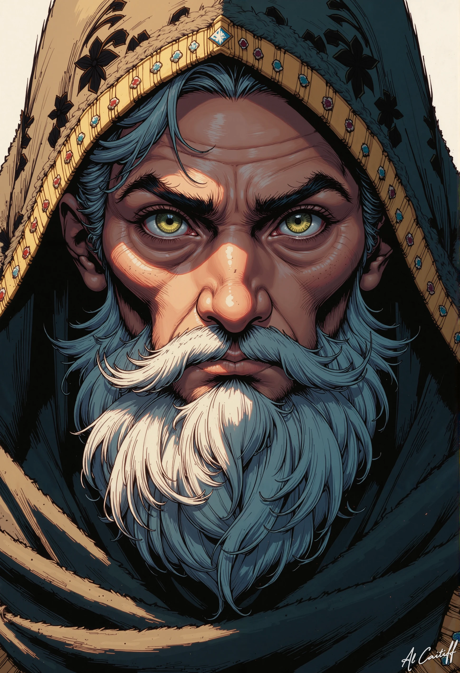 MysticComic, This captivating close-up portrait reveals the weathered visage of an elderly man, his piercing green eyes fixed intently on the viewer. The subject's face is a topographic map of deep lines and creases, etched into his skin like the pages of a well-worn book. A thick, silver-gray beard cascades down his chest, its wispy tendrils framing his stern expression. A hooded cloak, intricately patterned with black and white florid motifs, envelops his head, its golden trim glinting in the soft, diffused light. The subject's eyes seem to bore into the soul, their intensity heightened by the faint creases etched into his brow. A hint of a scowl plays on his lips, as if he's about to utter a stern rebuke. The overall effect is one of quiet authority, the subject's rugged, weathered features commanding respect. The image is shot from a low angle, the camera positioned to accentuate the subject's imposing presence. The lighting is soft and diffused, with a subtle golden glow that adds a sense of depth and warmth to the scene. The style is reminiscent of Renaissance portraiture, with a focus on capturing the subject's inner character.<lora:CustomFlux/MysticComic-v3.safetensors:0.75:0.75>