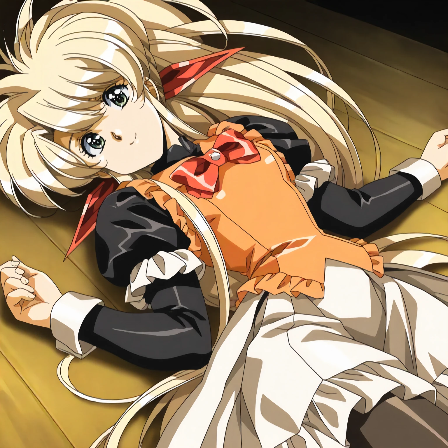 <lora:FI_fayeXLIllustrious002>,
masterpiece,best quality,good quality,newest,
detailed background,
smile,
looking at viewer,
solo,
anime coloring,retro artstyle,
faye\(front_innocent\),1girl,blonde hair,high ponytail,red hairbow,very long sidelocks,green eyes,
frilled_dress,orange vest,bowtie,frilled vest,puffy_sleeves,black sleeves,long sleeves,white cuffs,
white skirt,frill trim skirt,
black_pantyhose,
on back,